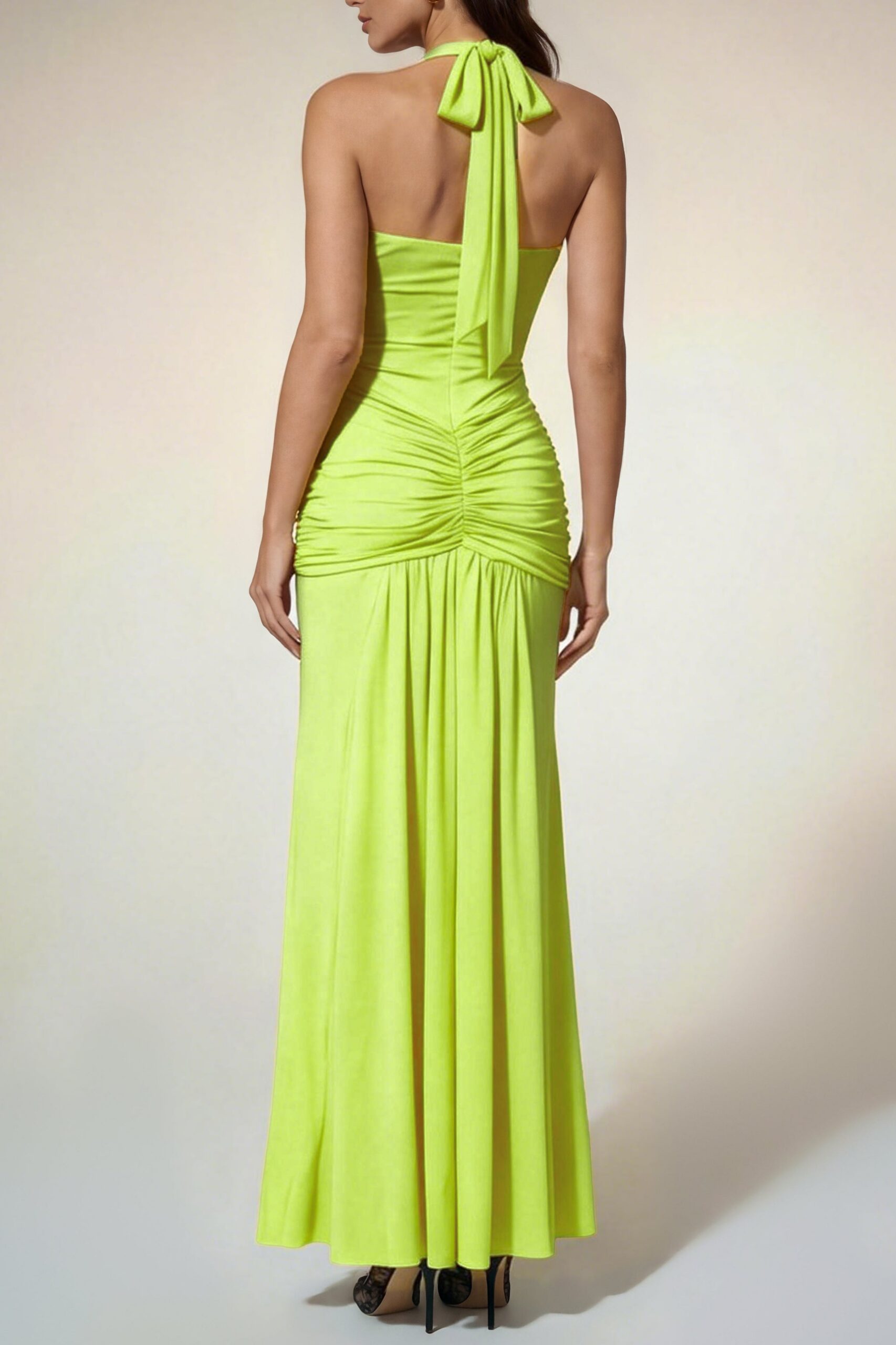ALYSHEA NEON YELLOW HALTER RUCHED MAXI DRESS