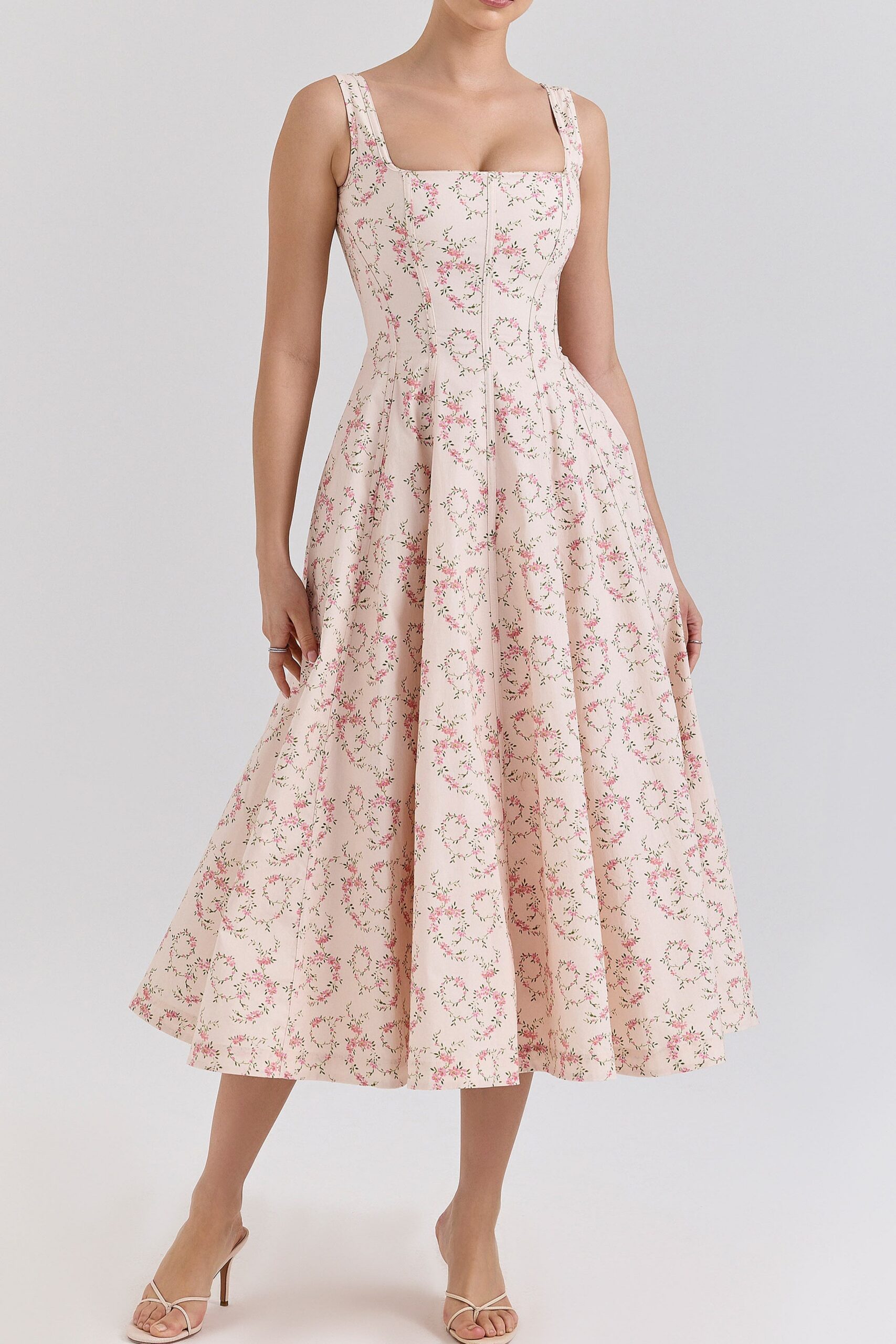 GEMMA FLORAL LACE-UP MIDI DRESS, CREAM COTTON