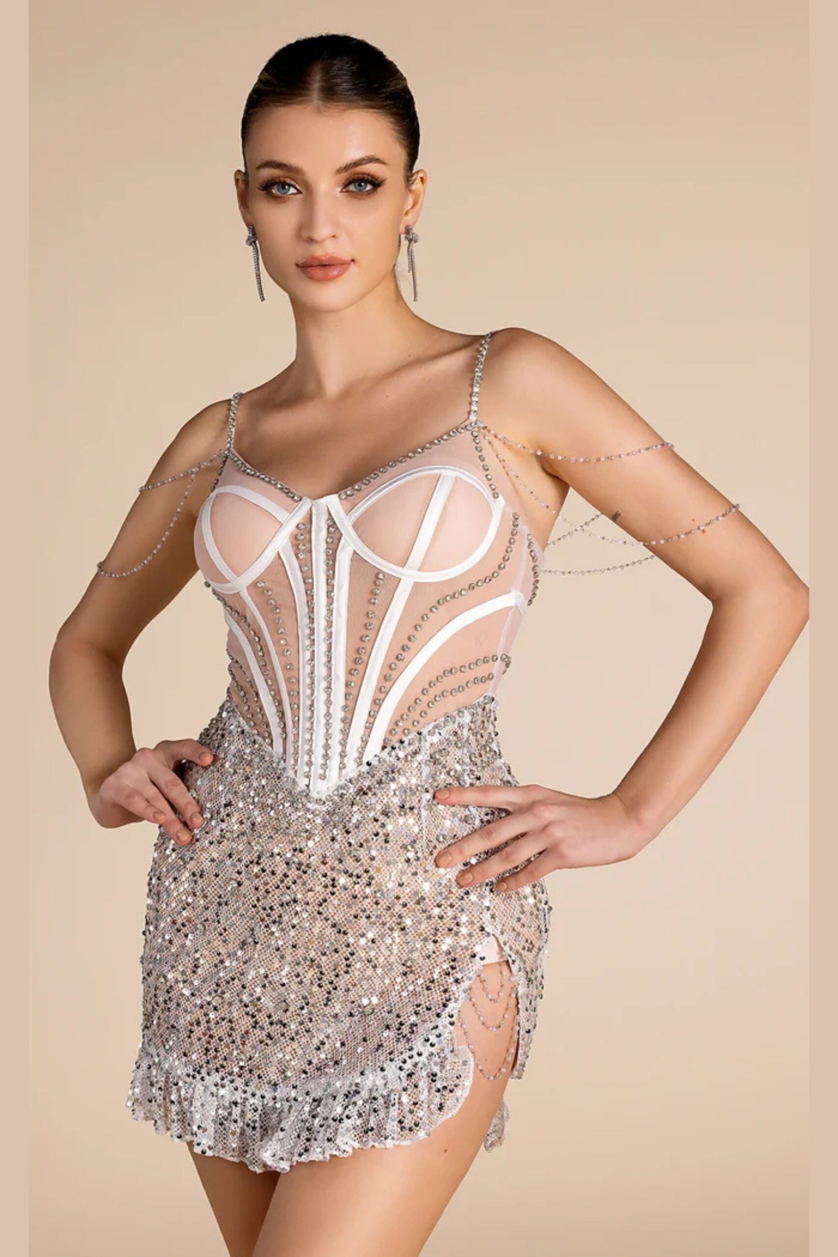 SEQUIN RHINESTONE SHOULDER CHAIN DRESS FOR PARTY