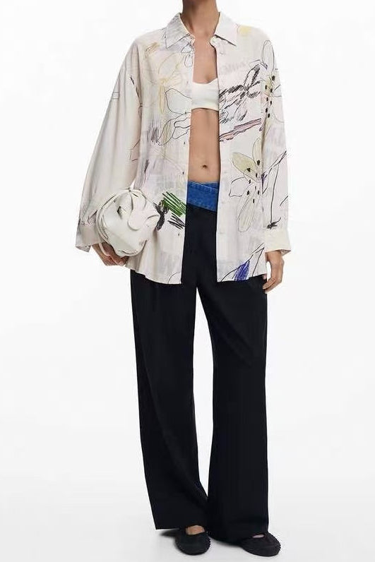CREAM ABSTRACT FLORAL OVERSIZED SHIRT FOR CASUAL STYLE