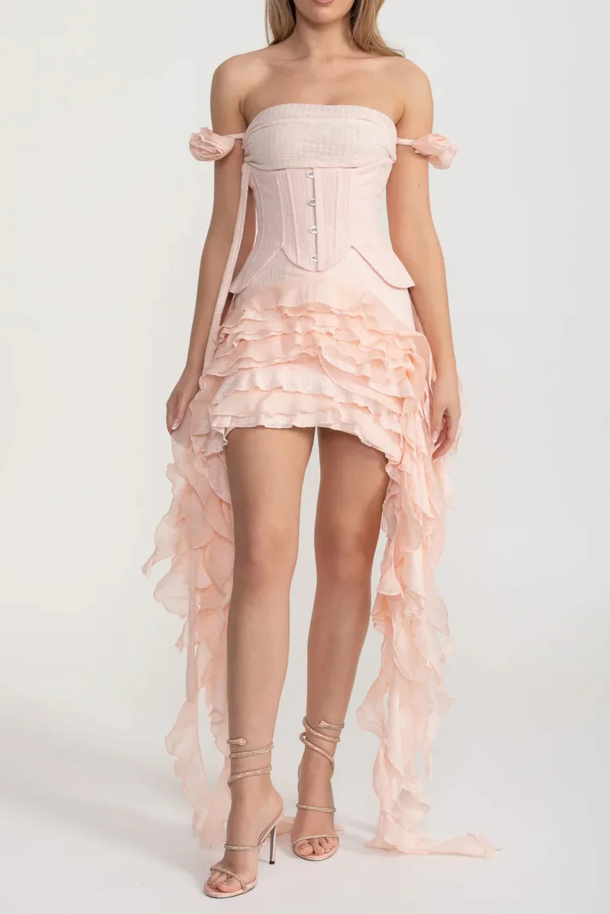 1783951C-D92A-40A2-AEFC-95E46043DD5E VINTAGE PINK CORSET DRESS, RUFFLED BUSTIER, FLOWING SIDE DETAILS