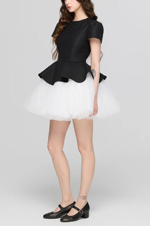 TWO-TONE VELVET PUFFY RUFFLE MINI DRESS