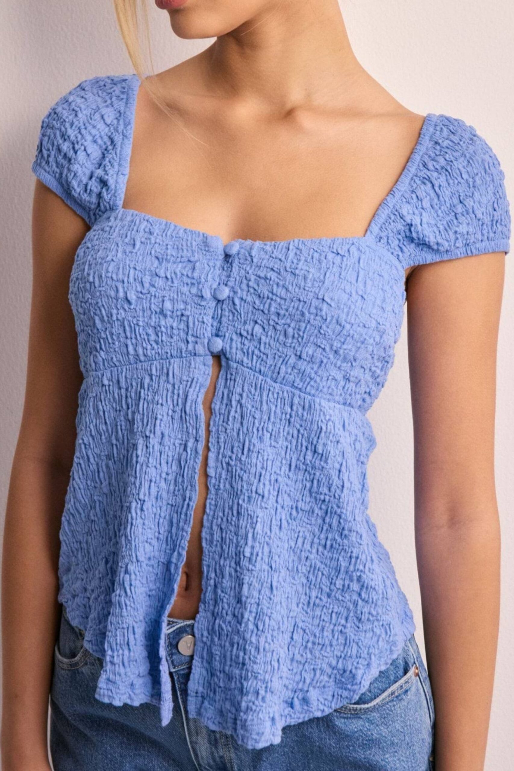 STRUCTURED BLUE BUTTON TOP FOR WORK