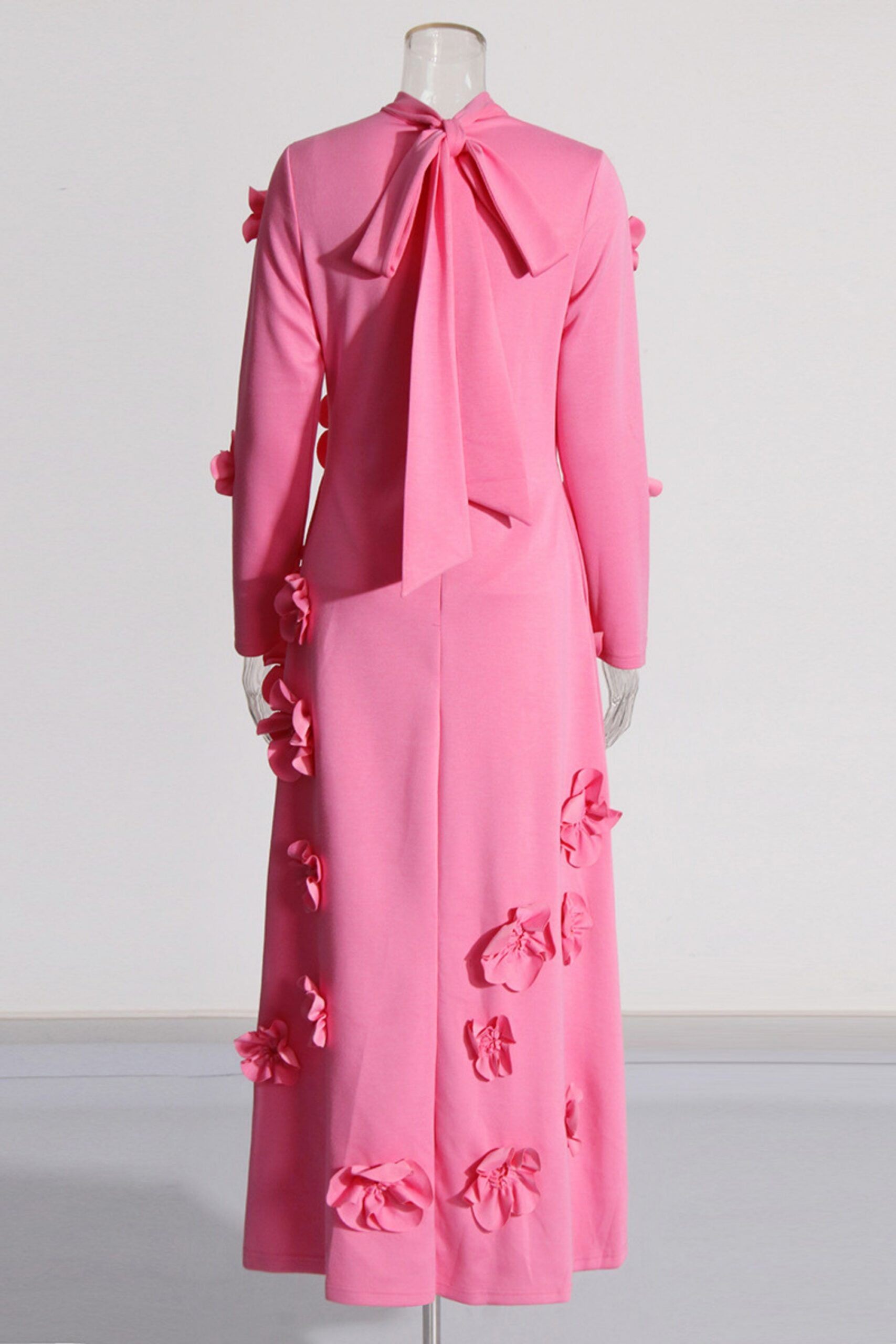 3D FLOWER STAND COLLAR LONG SLEEVE MIDI DRESS