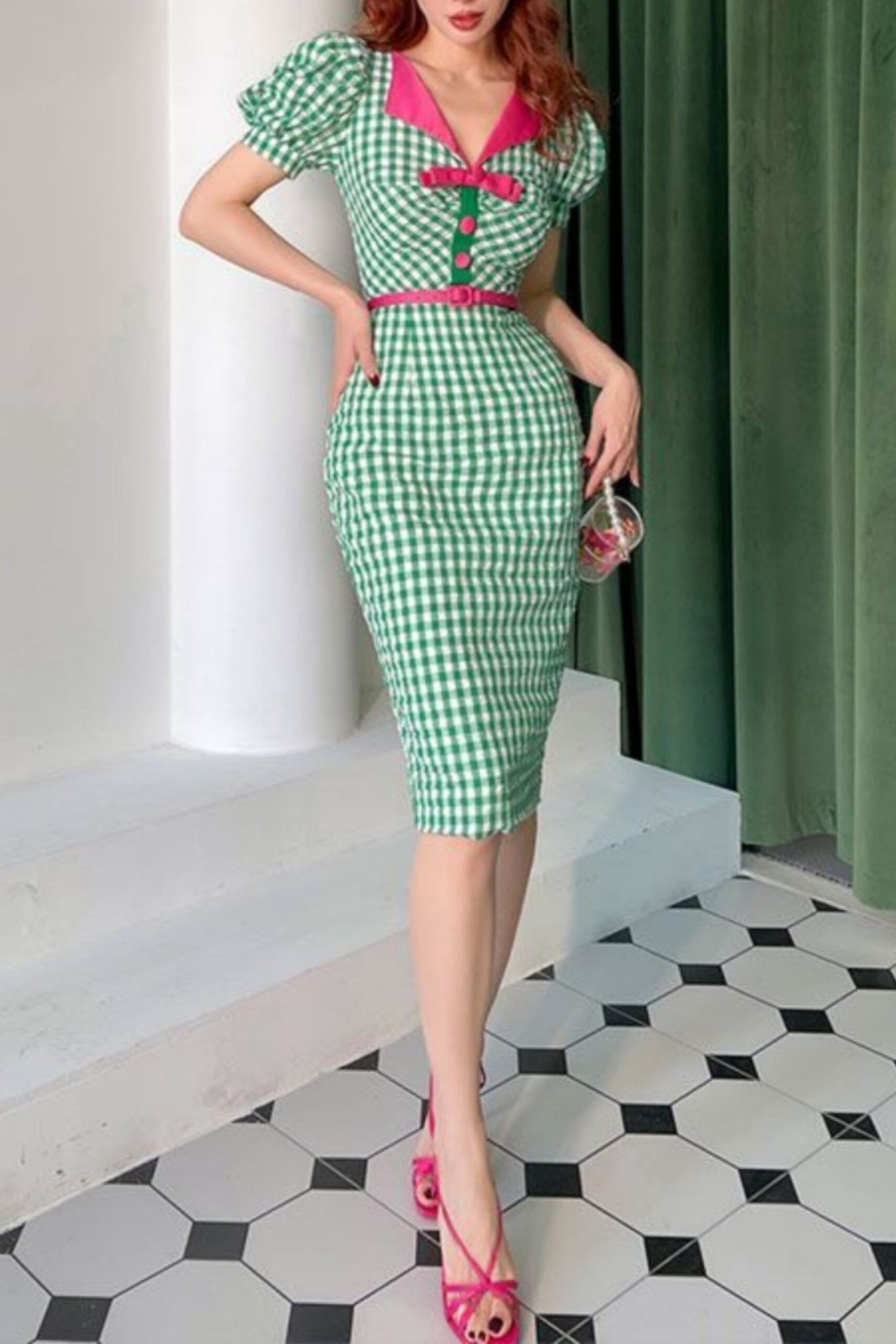 PUFF SLEEVE MIDI DRESS FOR WEDDING GUEST GREEN