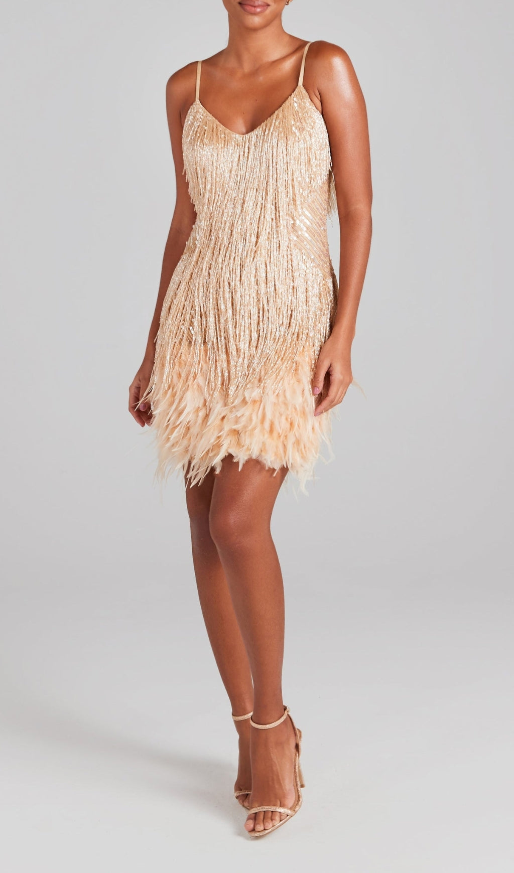 CHAMPAGNE TASSEL FEATHER MINI PARTY DRESS