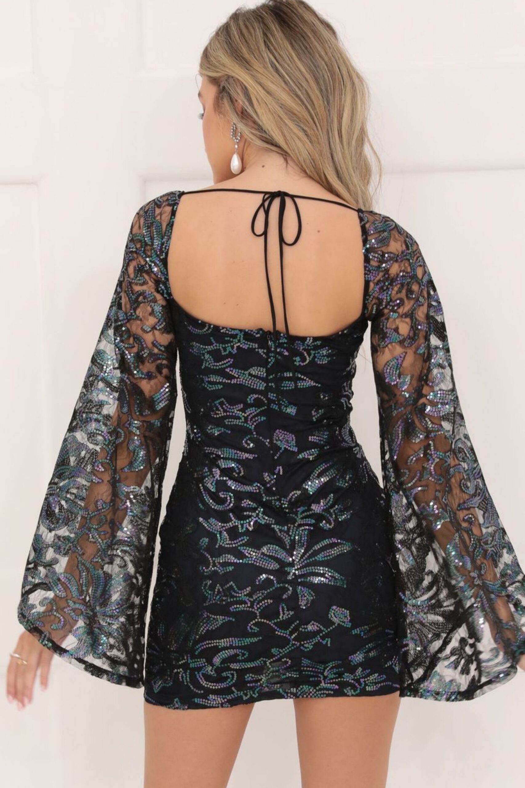 NAVY SEQUIN FLARE SLEEVE DRESS - MESH PARTY
