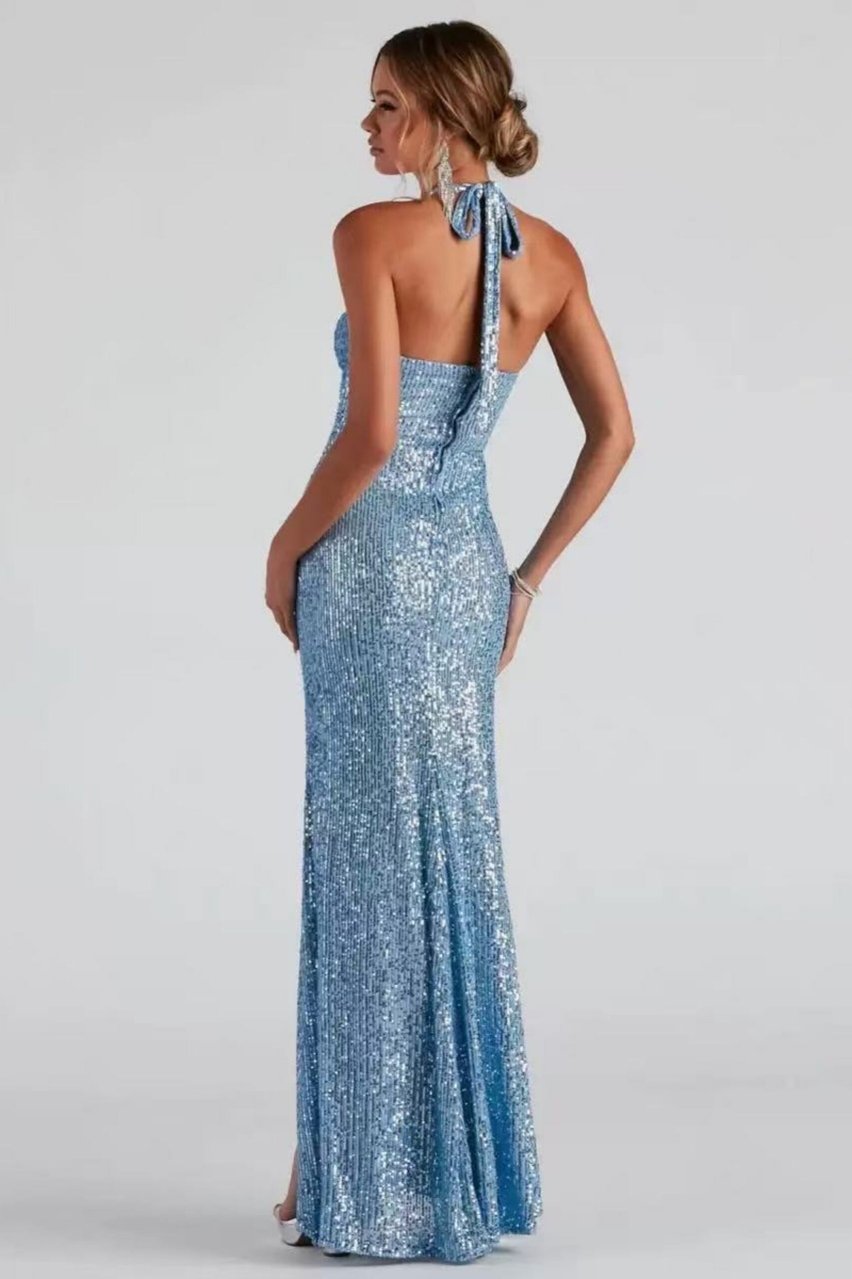 HALTER SEQUIN SLIT MAXI DRESS PARTY NIGHT