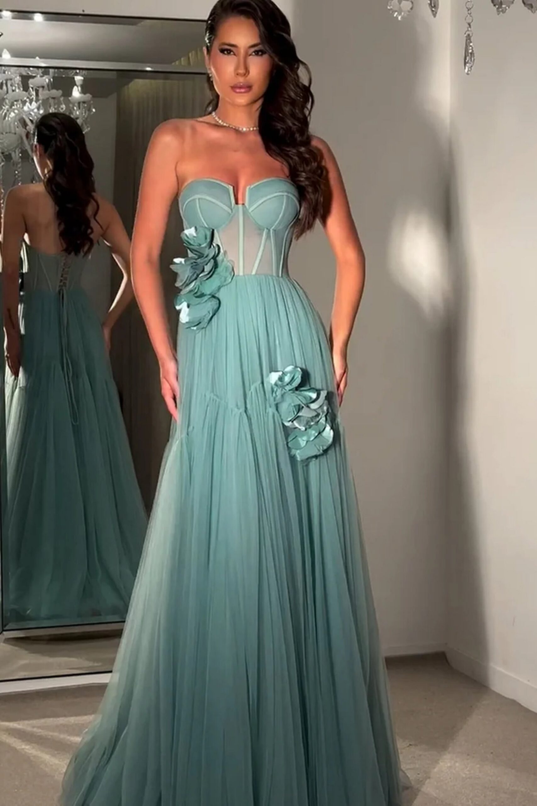 FLORAL STRAPLESS TULLE MAXI DRESS FOR WEDDING GUEST