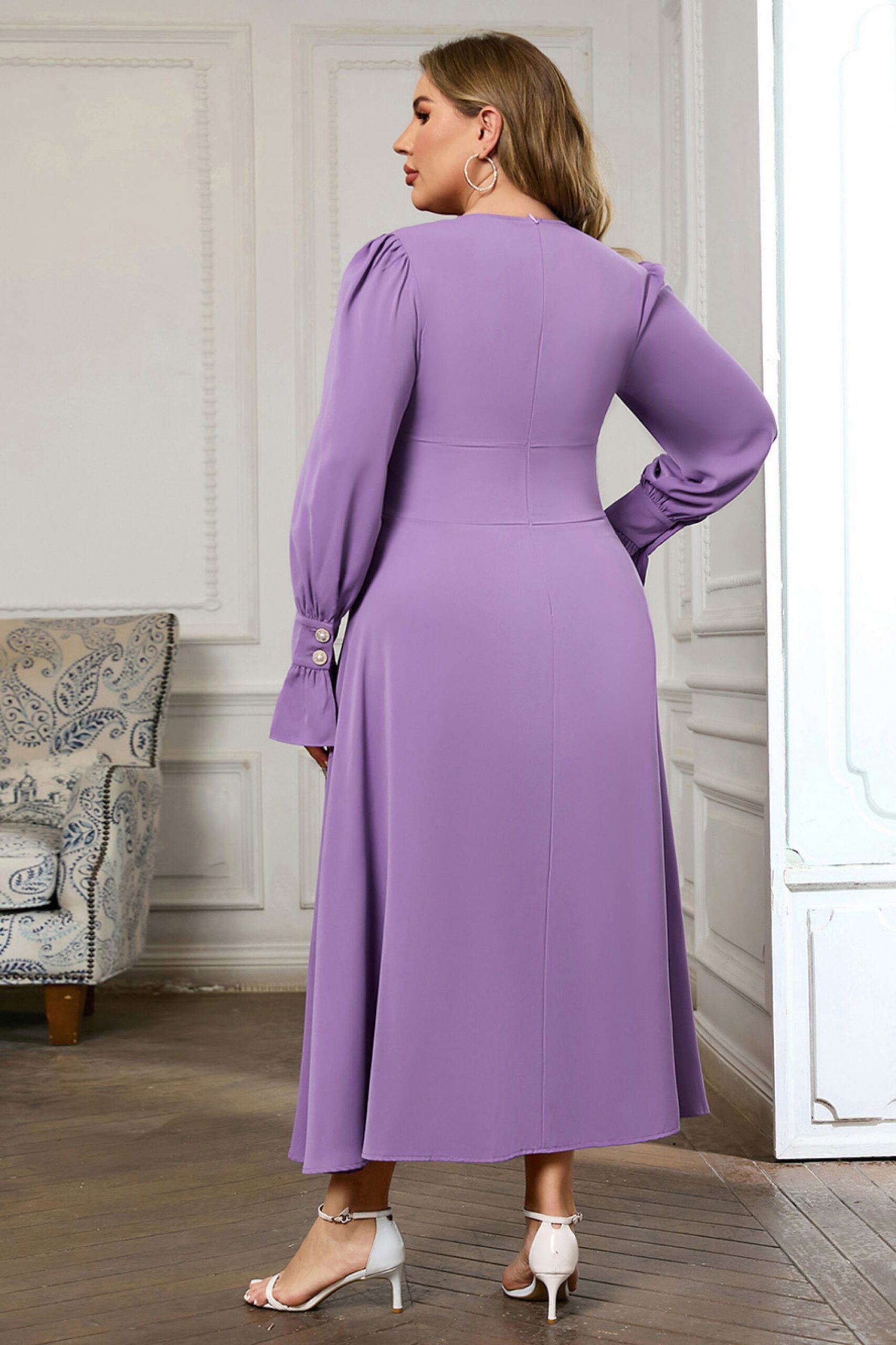 LONG SLEEVE V-NECK MIDI DRESS PURPLE