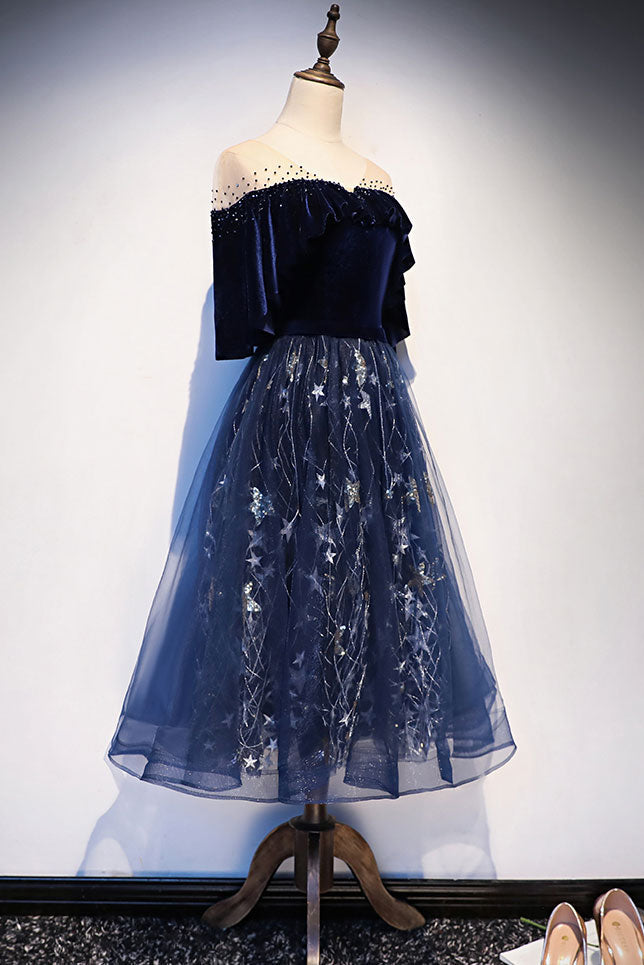BLUE TULLE LACE MIDI PROM DRESS