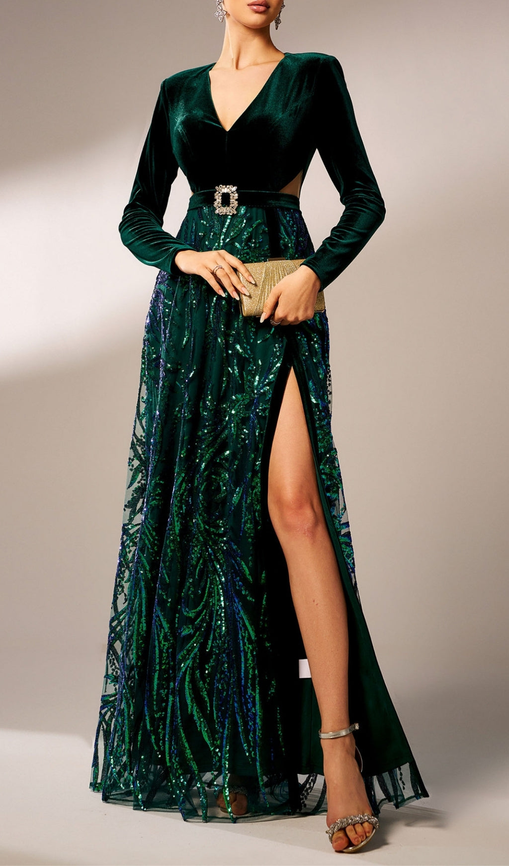SEQUIN HIGH SLIT LONG SLEEVE MAXI DRESS IN GREEN