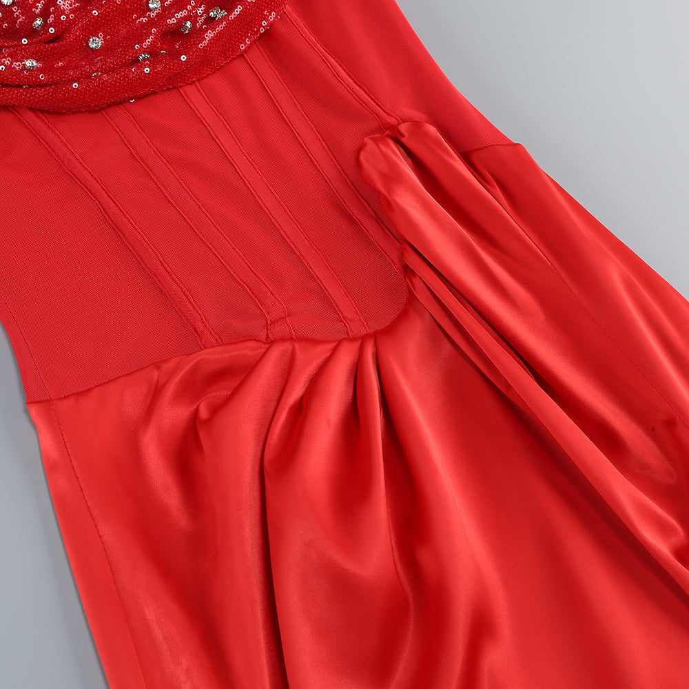 ELMA ONE-SHOULDER RED MAXI SLIT CRYSTAL DRESS