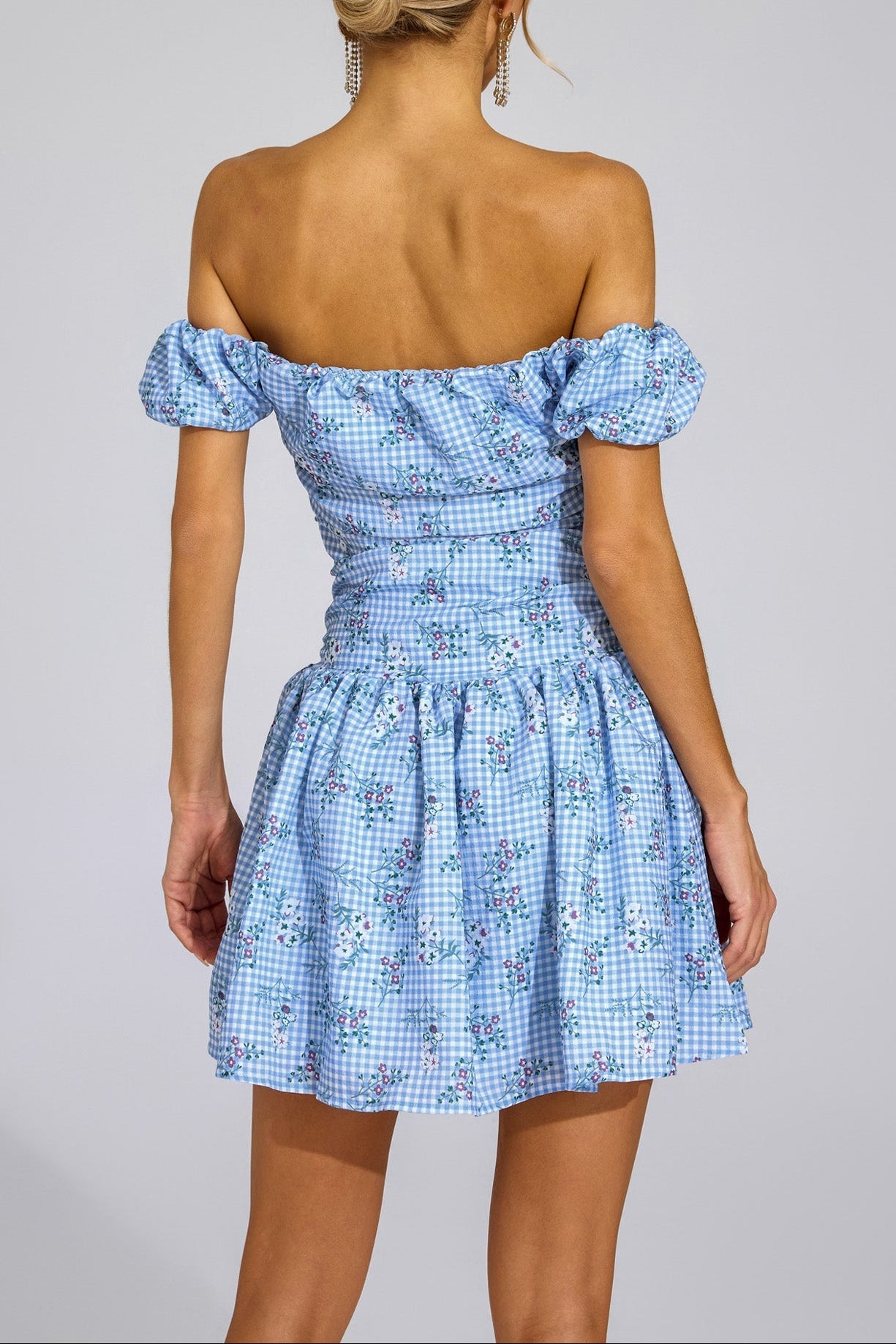 SOPHIA BLUE FLORAL OFF-SHOULDER MINI DRESS