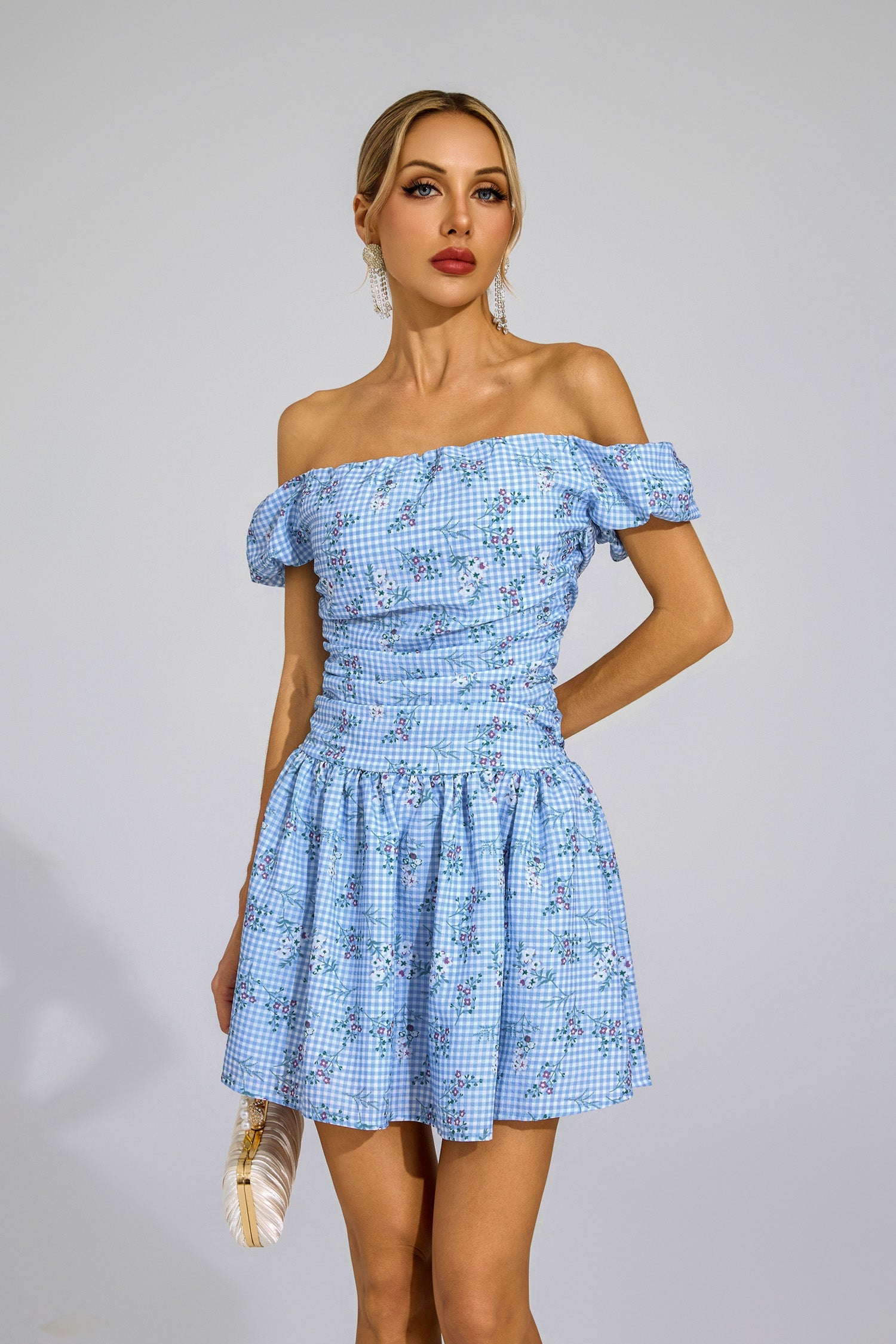 SOPHIA BLUE FLORAL OFF-SHOULDER MINI DRESS
