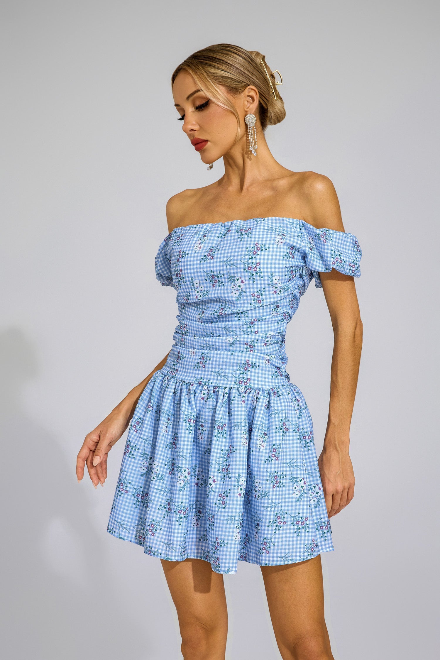 SOPHIA BLUE FLORAL OFF-SHOULDER MINI DRESS