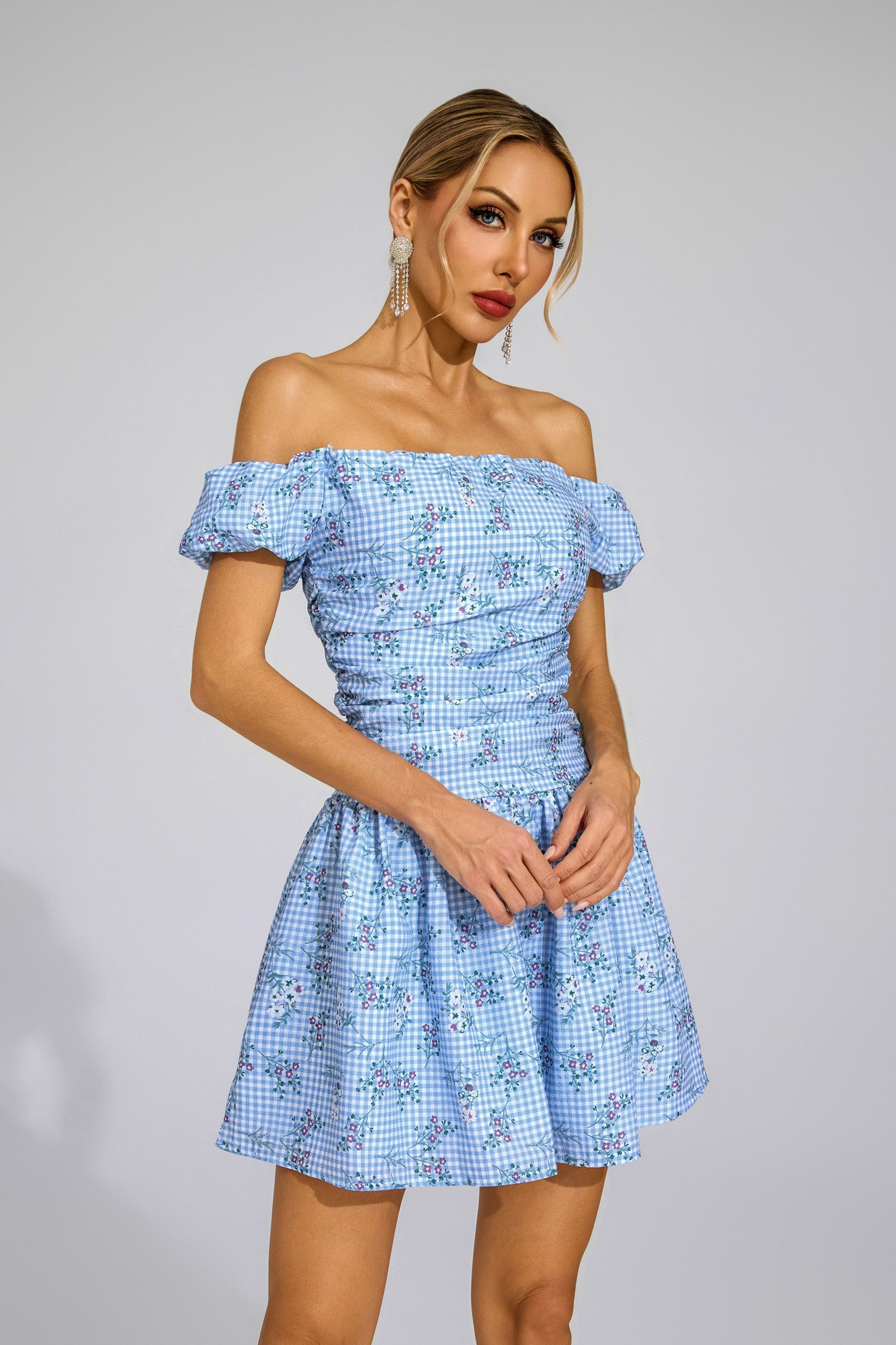 SOPHIA BLUE FLORAL OFF-SHOULDER MINI DRESS