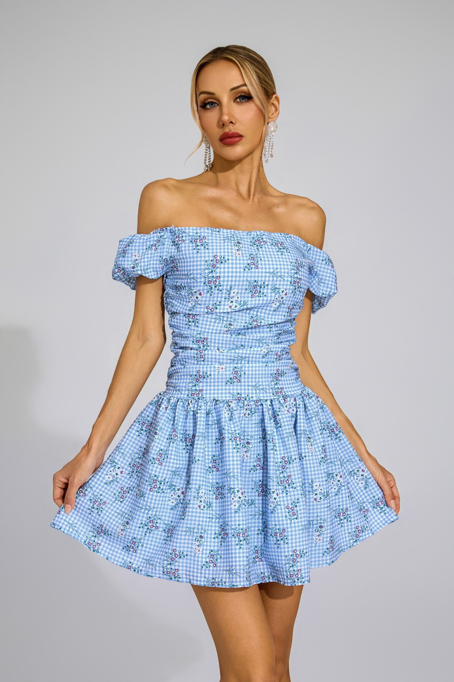 SOPHIA BLUE FLORAL OFF-SHOULDER MINI DRESS