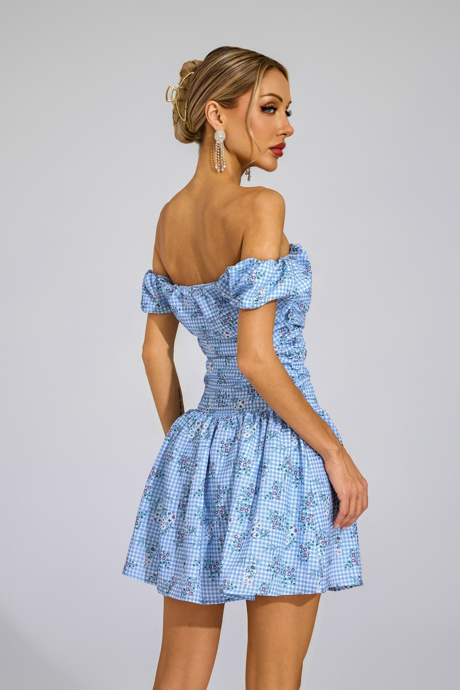 SOPHIA BLUE FLORAL OFF-SHOULDER MINI DRESS