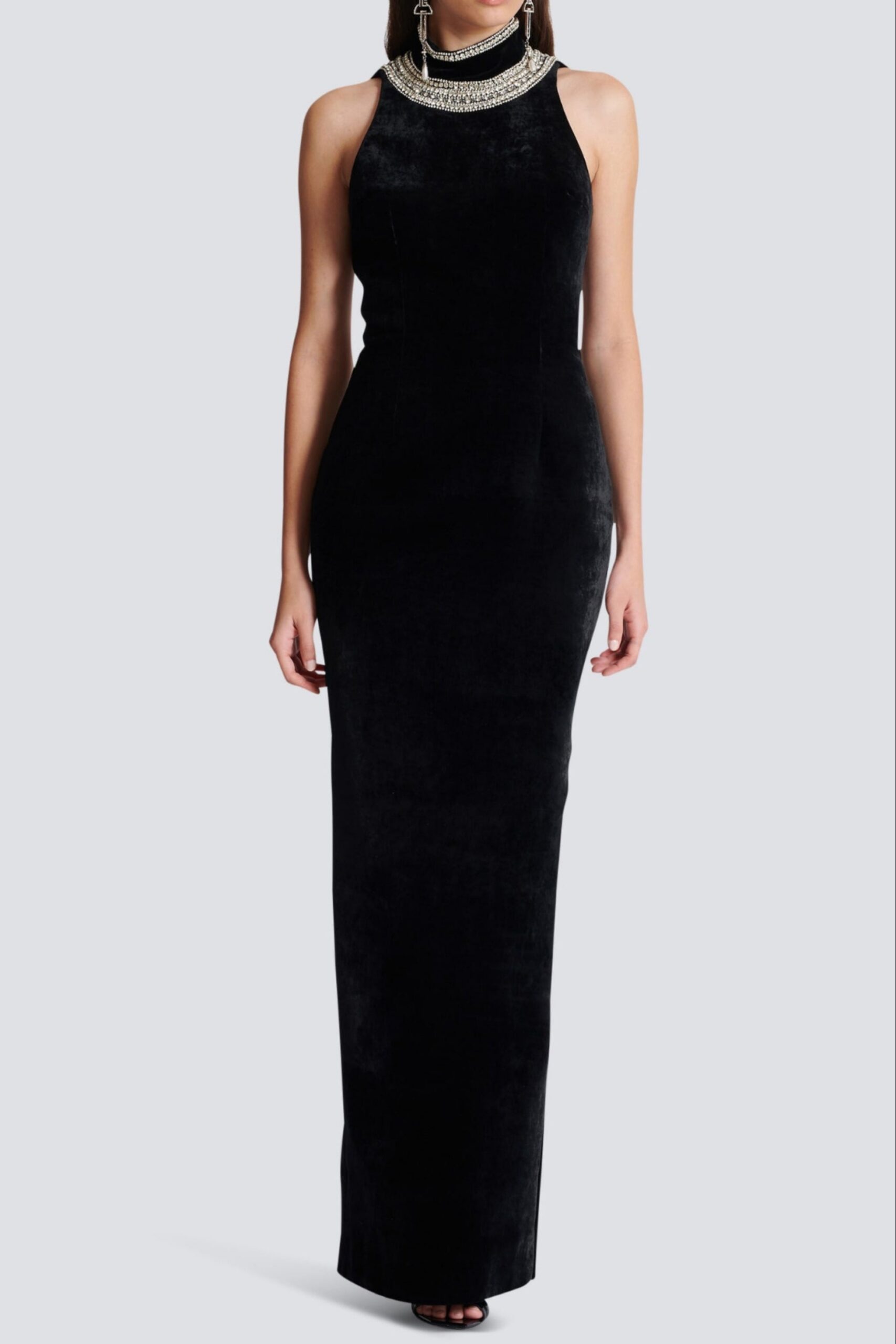 EMBROIDERED VELVET HALTER MAXI DRESS, BLACK, FORMAL