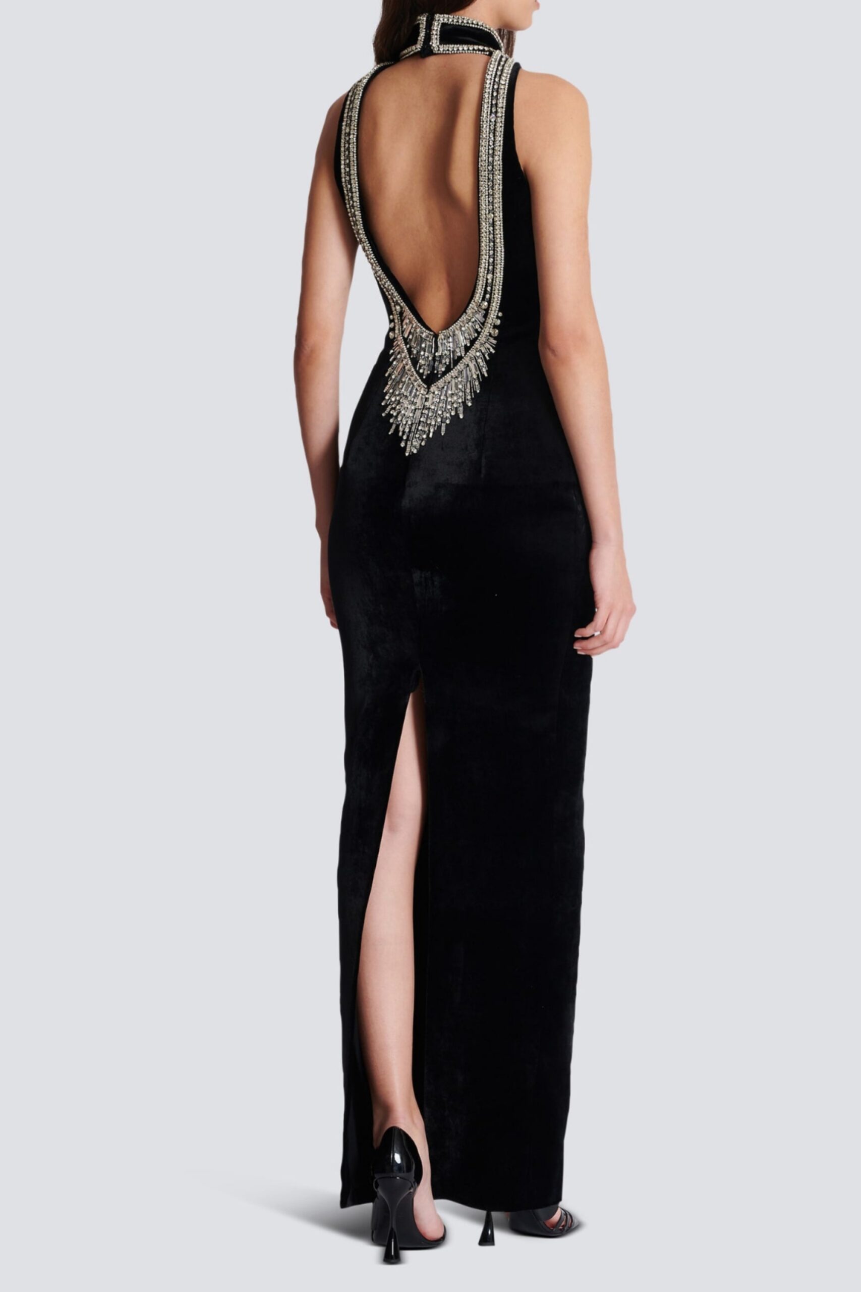 EMBROIDERED VELVET HALTER MAXI DRESS, BLACK, FORMAL