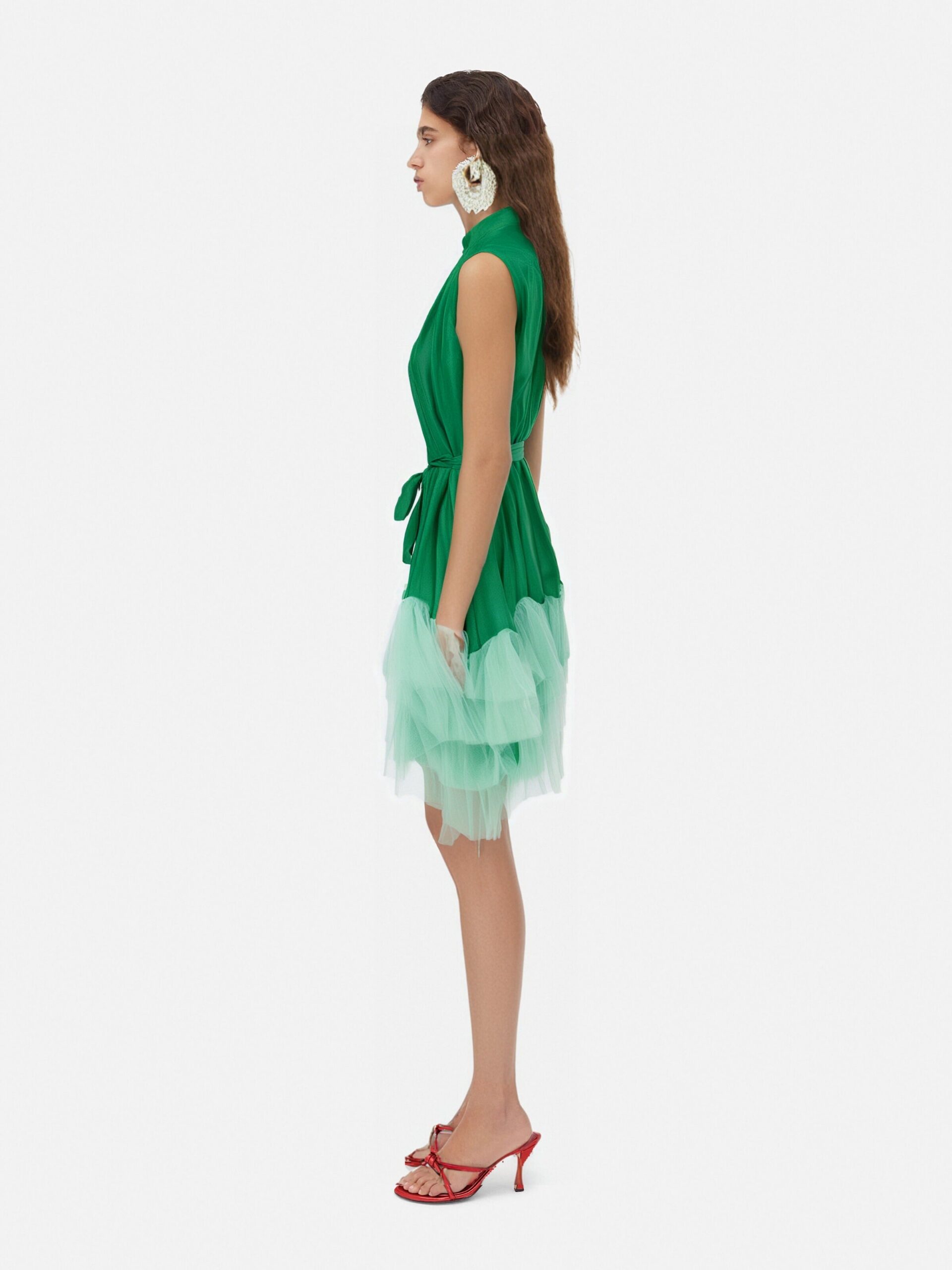 HALF-HIGH NECK TULLE MINI DRESS GREEN