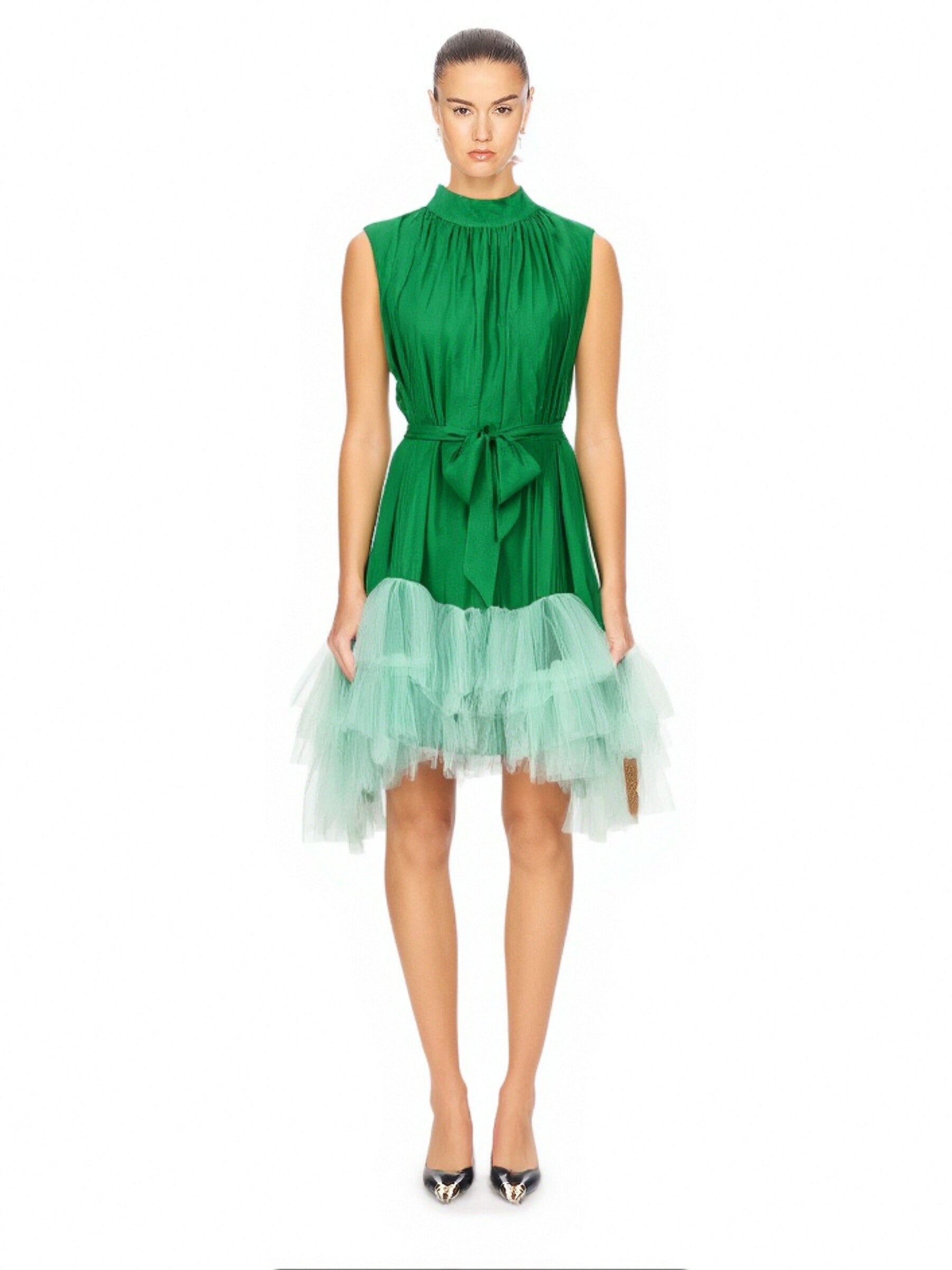 HALF-HIGH NECK TULLE MINI DRESS GREEN