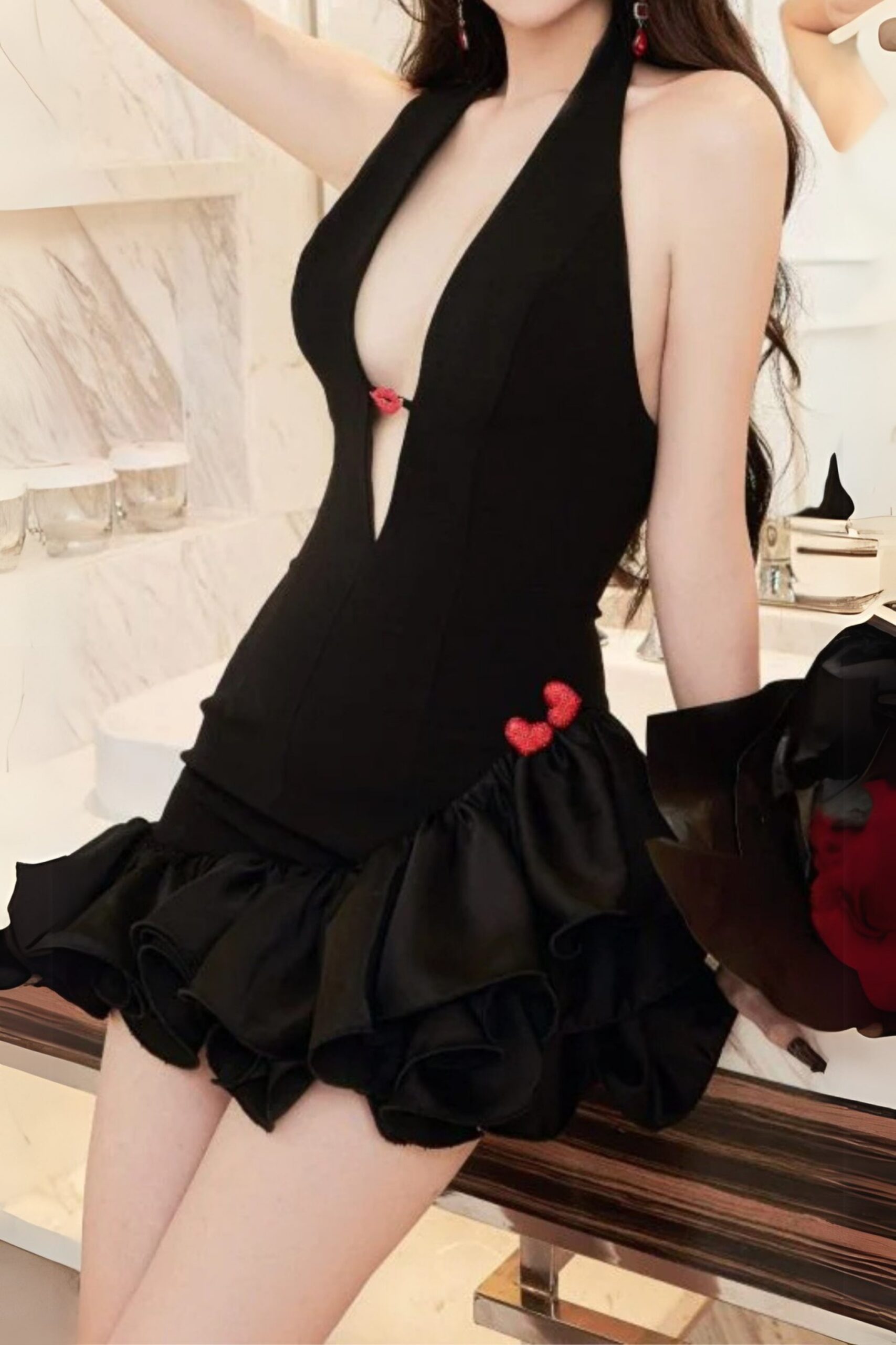V-NECK RUFFLE MINI DRESS, BLACK COCKTAIL