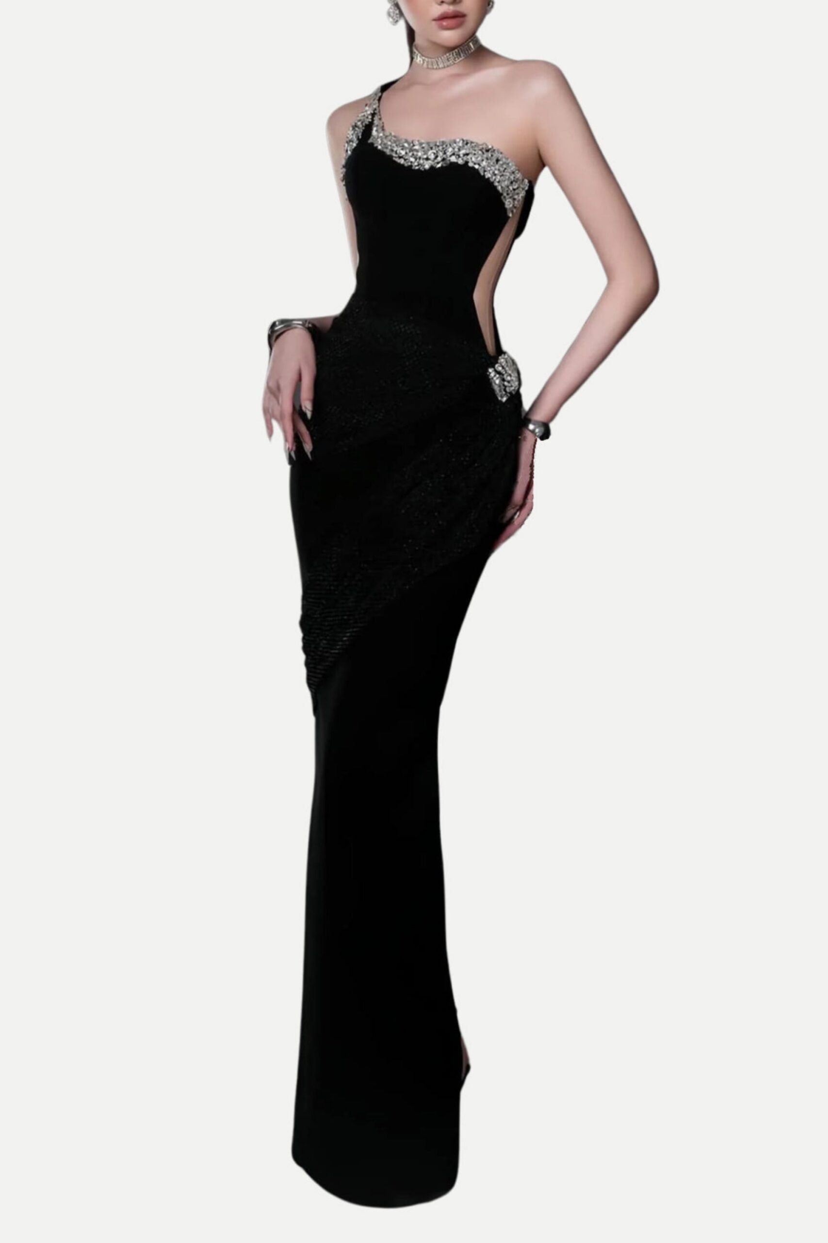 BLACK ONE-SHOULDER BANDAGE MAXI DRESS, COCKTAIL