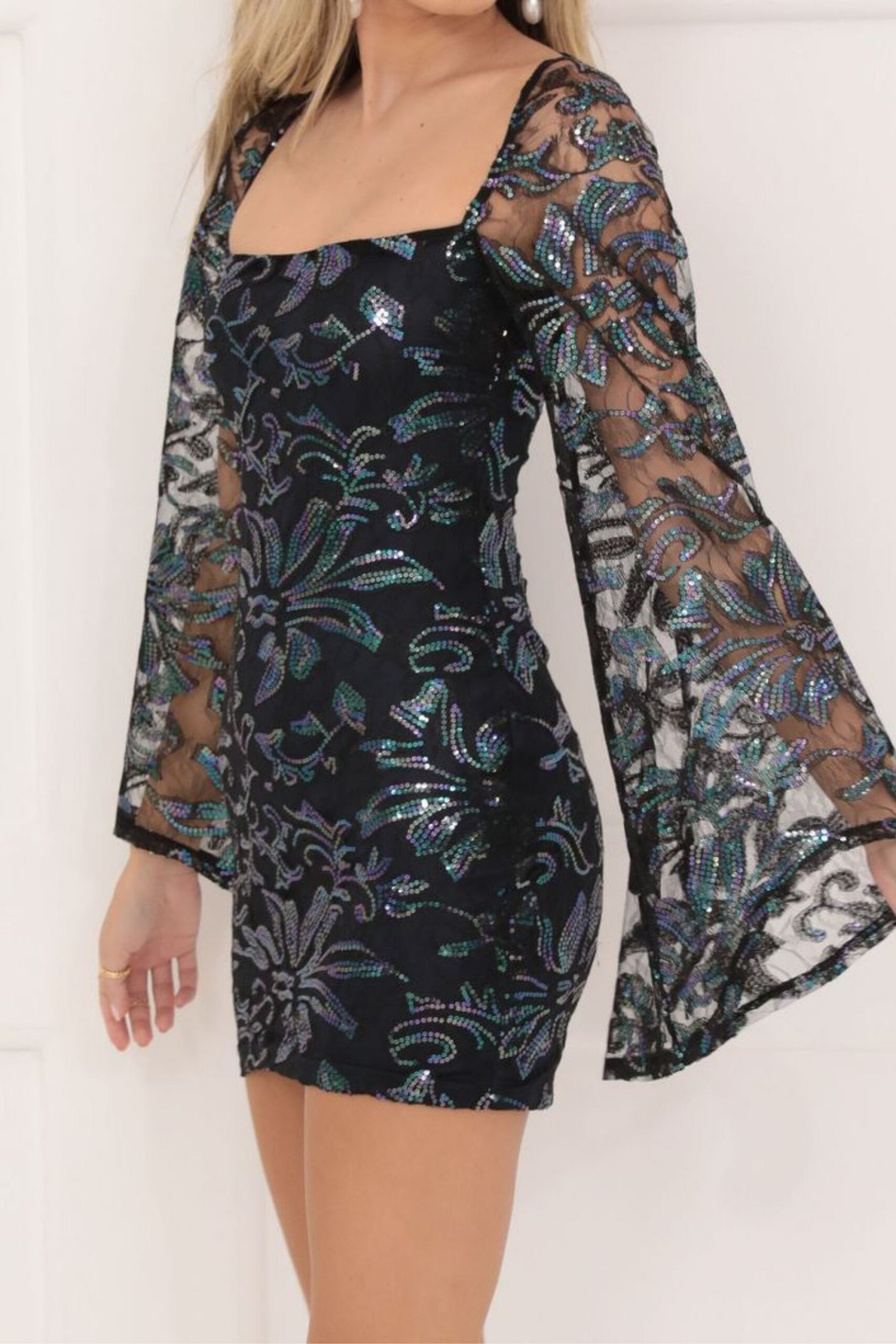 NAVY SEQUIN FLARE SLEEVE DRESS - MESH PARTY