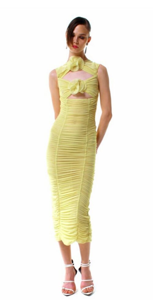 TULLE FLORAL CUTOUT MIDI YELLOW DRESS