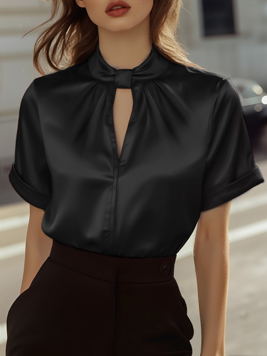 MODERN WHITE SATIN KEYHOLE BLOUSE FOR EVENTS