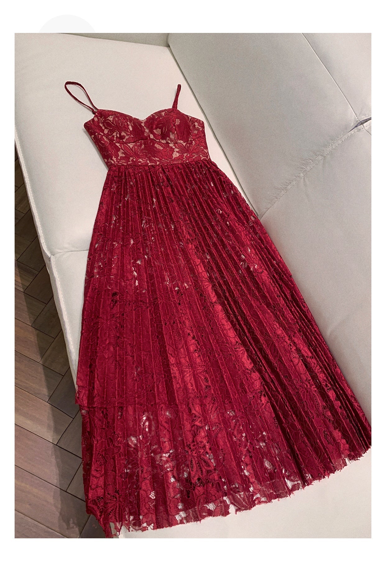 HOLLOW LACE SUSPENDER MIDI DRESS, RED, PARTY