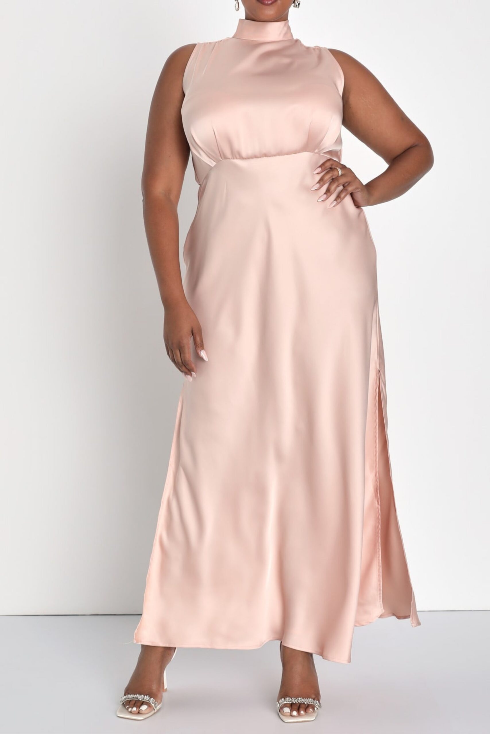 BLUSH SATIN MOCK NECK SLEEVELESS MAXI DRESS