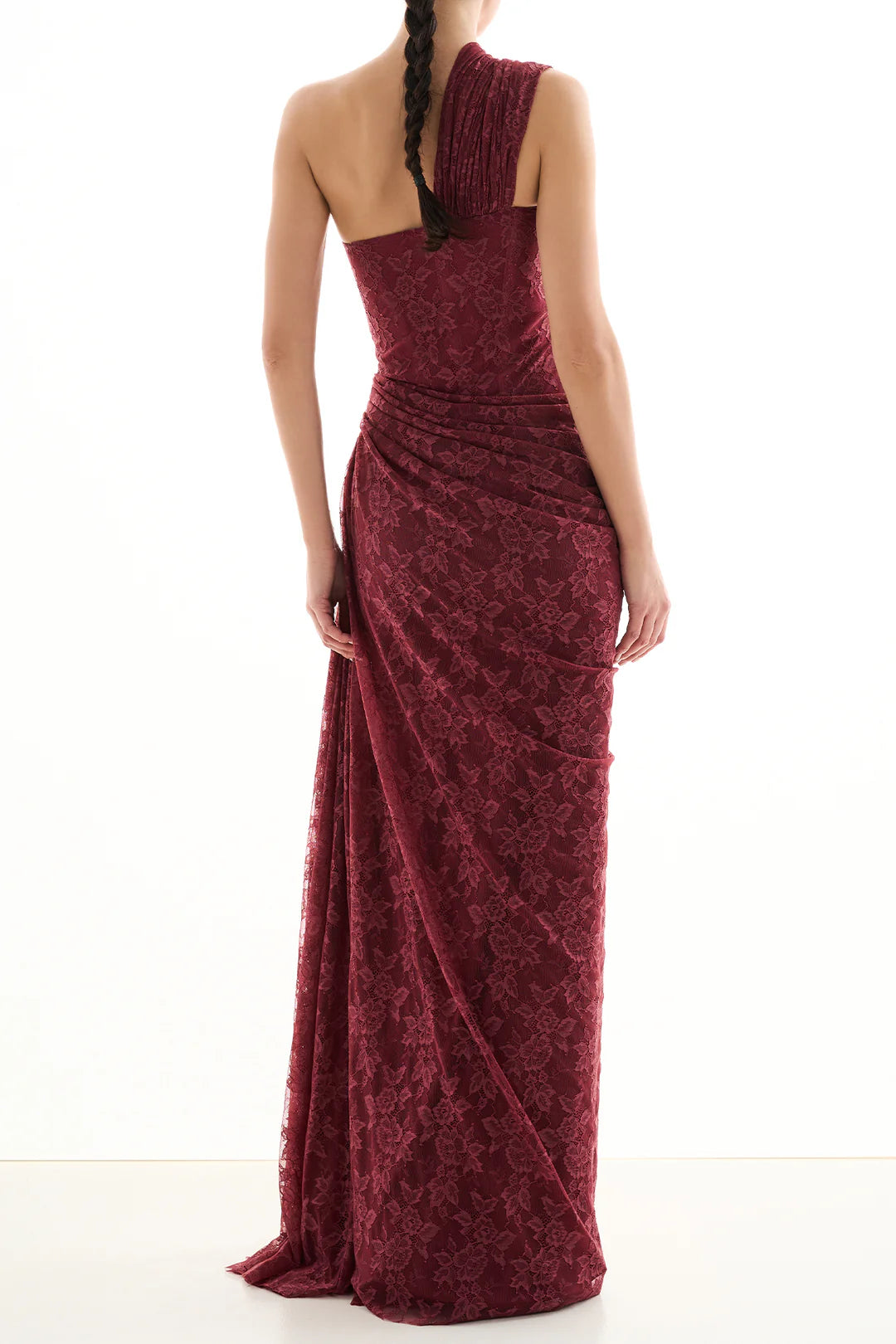 WENDY BURGUNDY LACE ONE-SHOULDER MAXI DRESS FOR EVENTS