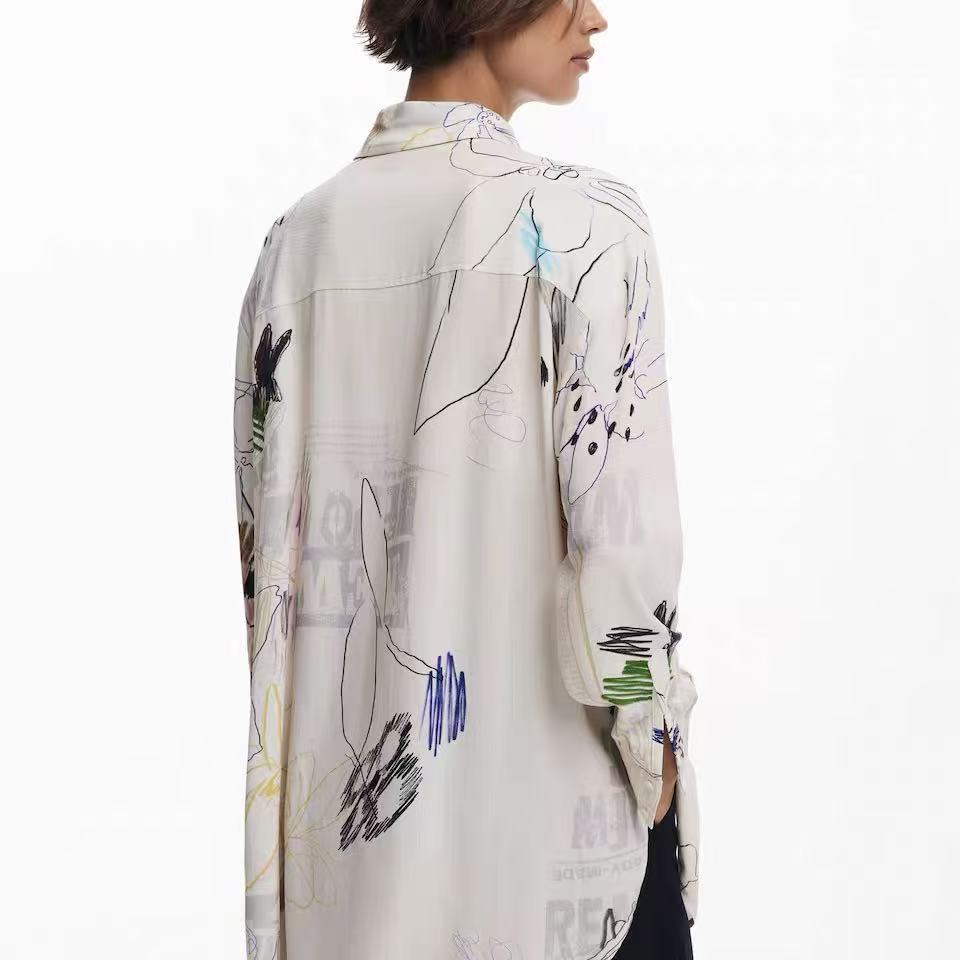 CREAM ABSTRACT FLORAL OVERSIZED SHIRT FOR CASUAL STYLE