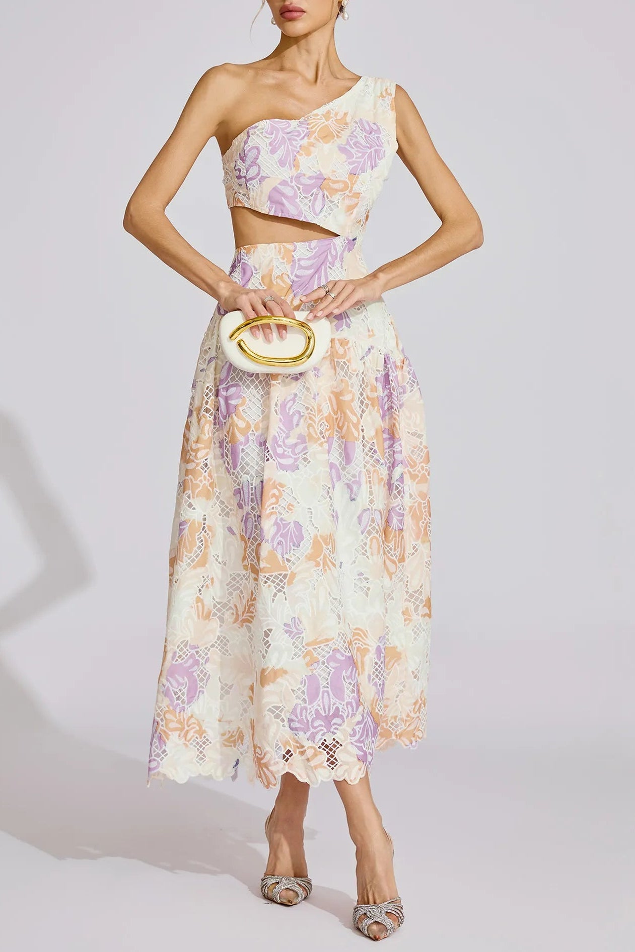 YELLOW ONE-SHOULDER FLORAL PRINT CUTOUT MAXI DRESS