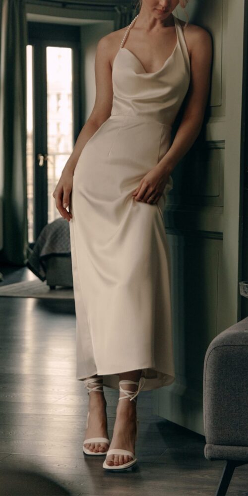 19 SATIN PEARL HALTER MIDI DRESS FOR EVENTS