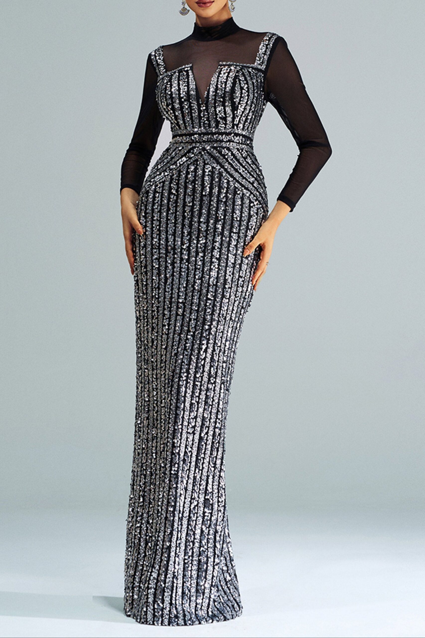 190d3c6b SEQUIN PANEL STAND COLLAR PROM DRESS