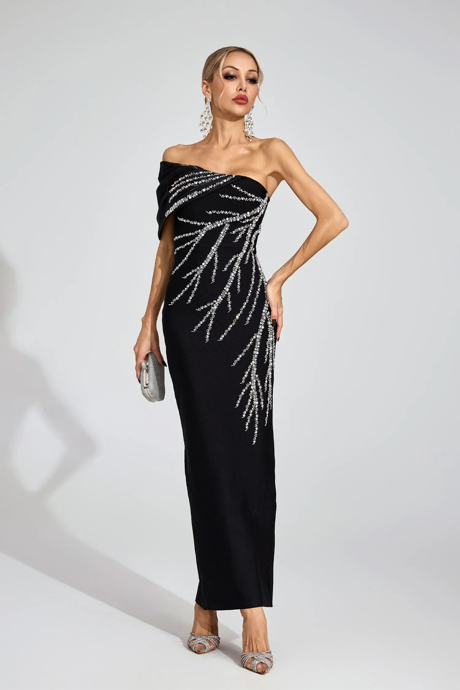 XAVIERA BLACK BANDAGE STRAPLESS MAXI DRESS
