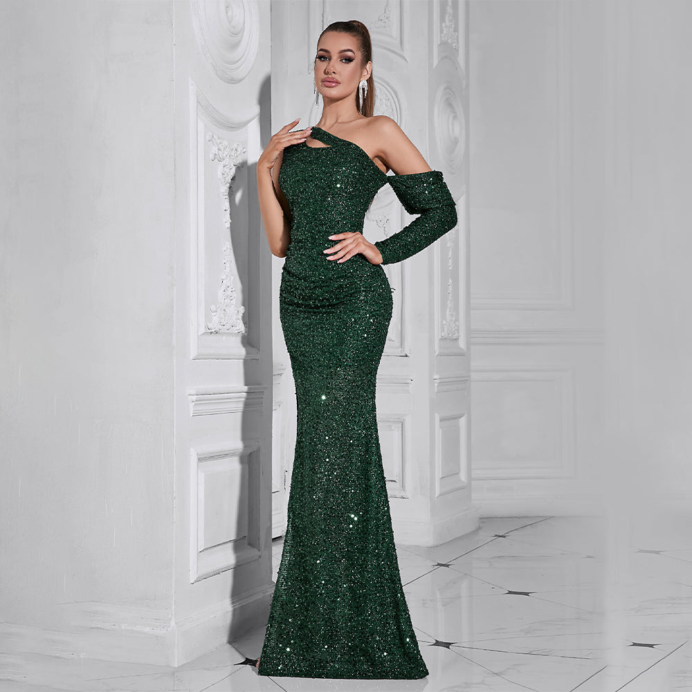 SEQUIN GREEN MAXI DRESS, CUTOUT EVENING GOWN