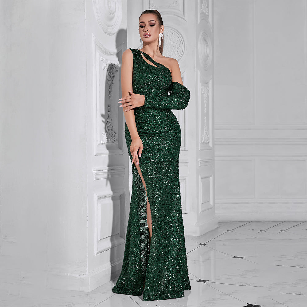 SEQUIN GREEN MAXI DRESS, CUTOUT EVENING GOWN