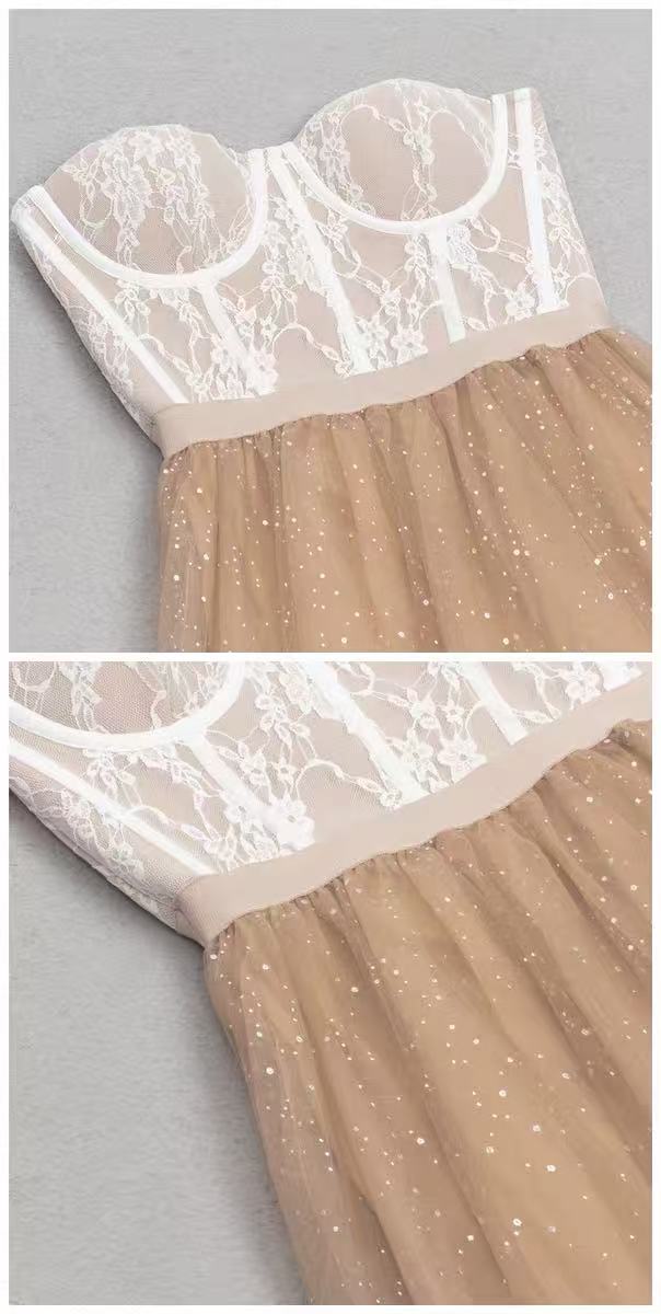 PEACH SPARKLE TULLE CORSET STRAPLESS MIDI DRESS