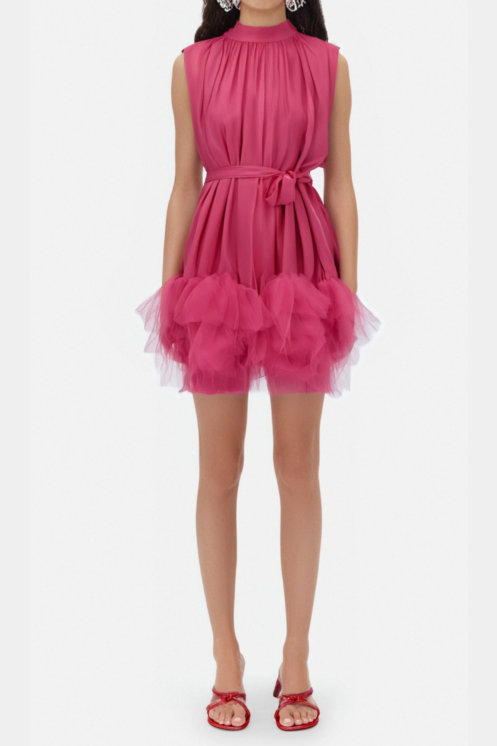 HALF HIGH NECK TULLE MINI DRESS PINK