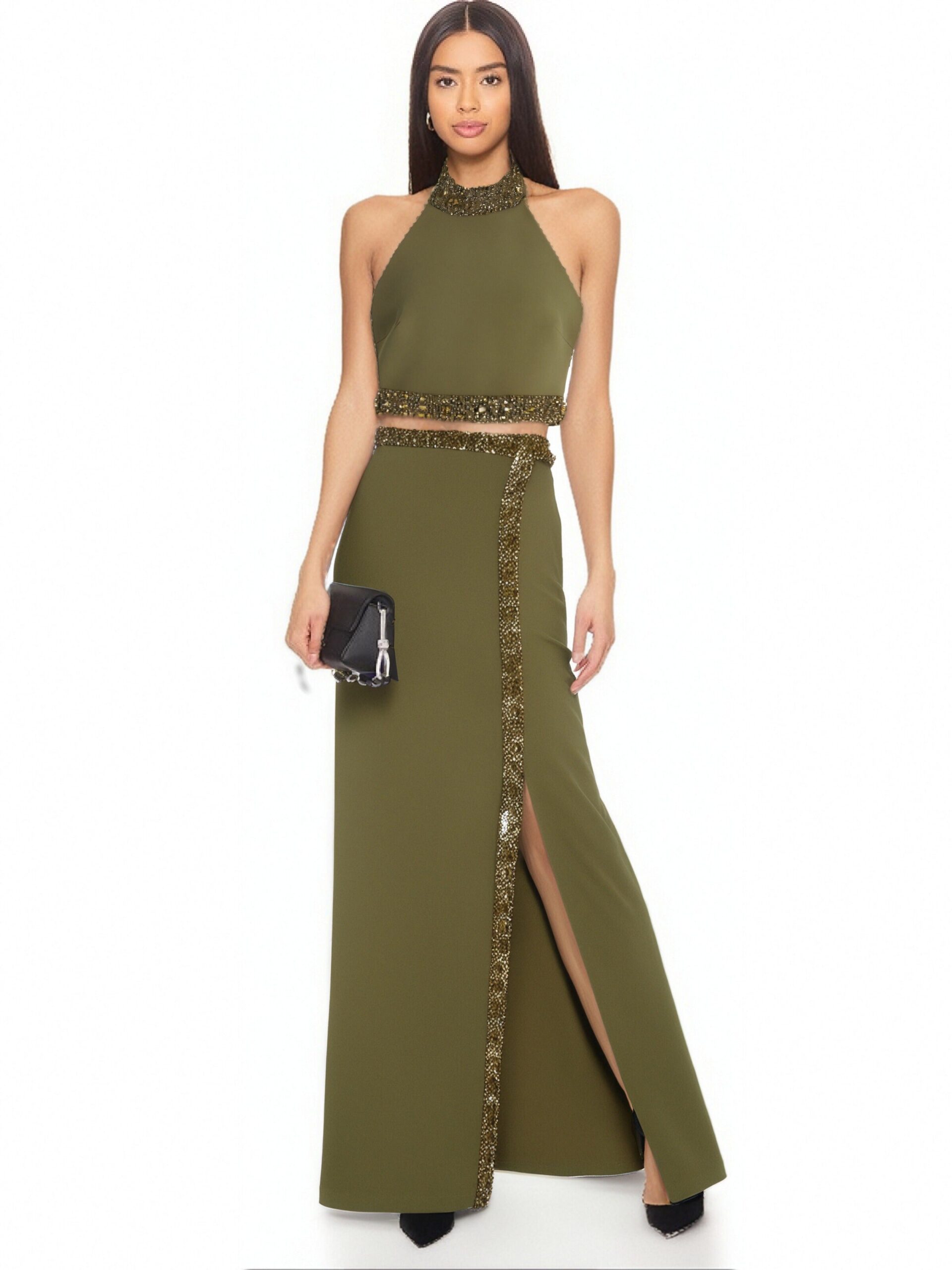 BEADED HALTER TOP & SLIT SKIRT SUIT GREEN