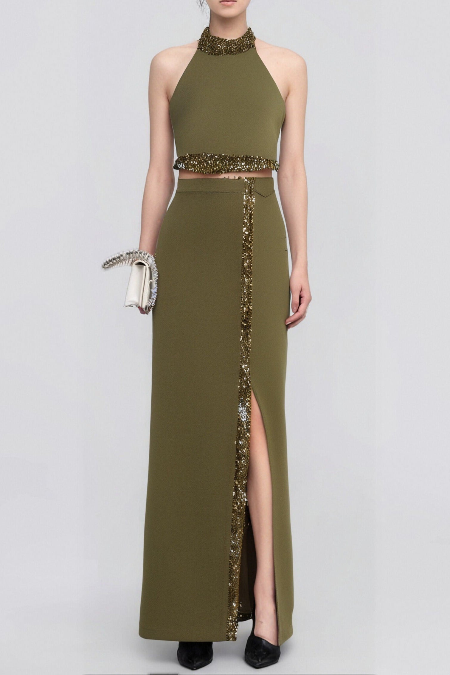 19646481 BEADED HALTER TOP & SLIT SKIRT SUIT GREEN