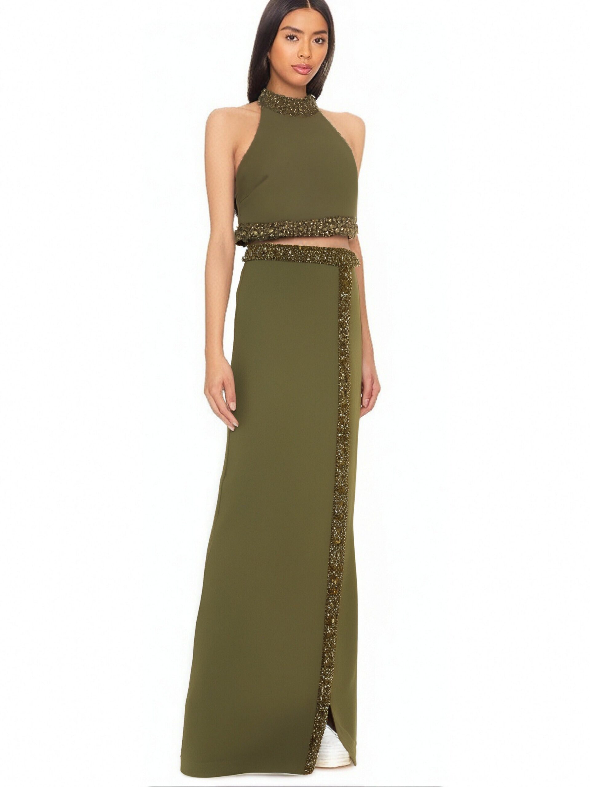 BEADED HALTER TOP & SLIT SKIRT SUIT GREEN