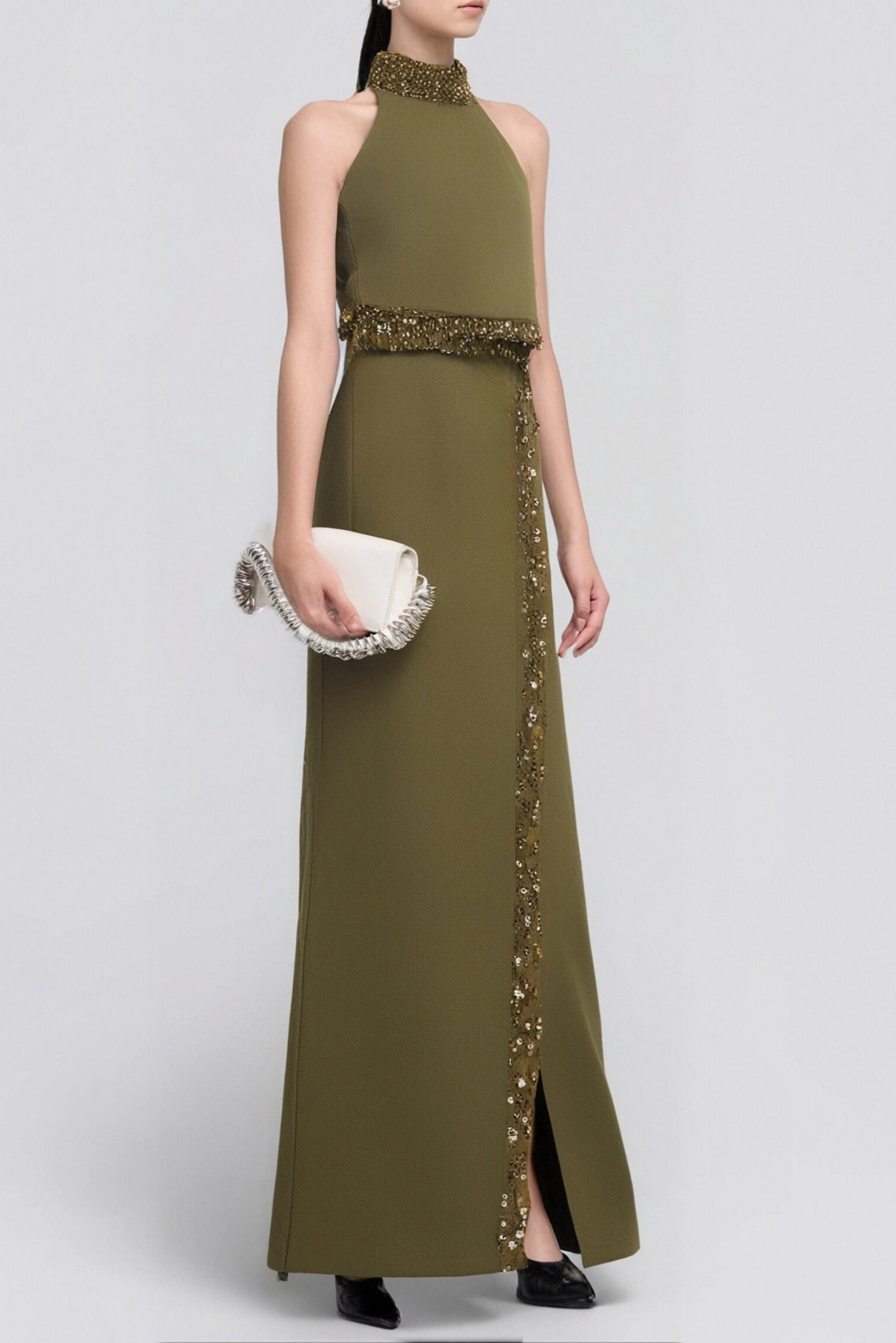 BEADED HALTER TOP & SLIT SKIRT SUIT GREEN