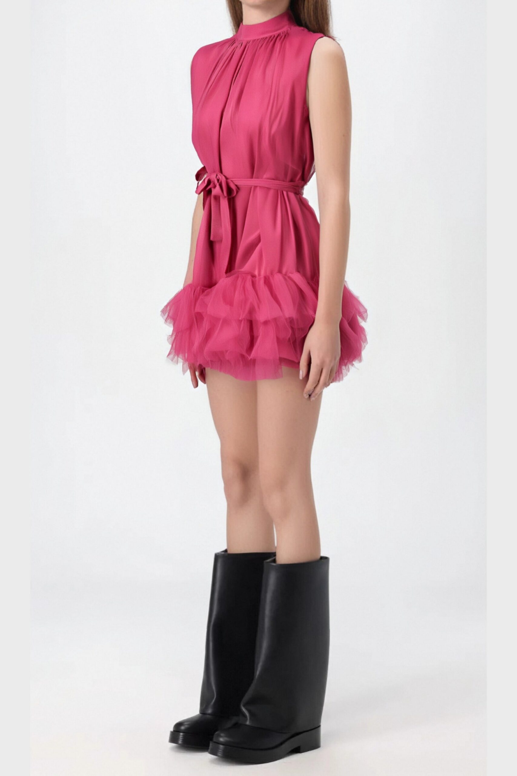 HALF HIGH NECK TULLE MINI DRESS PINK
