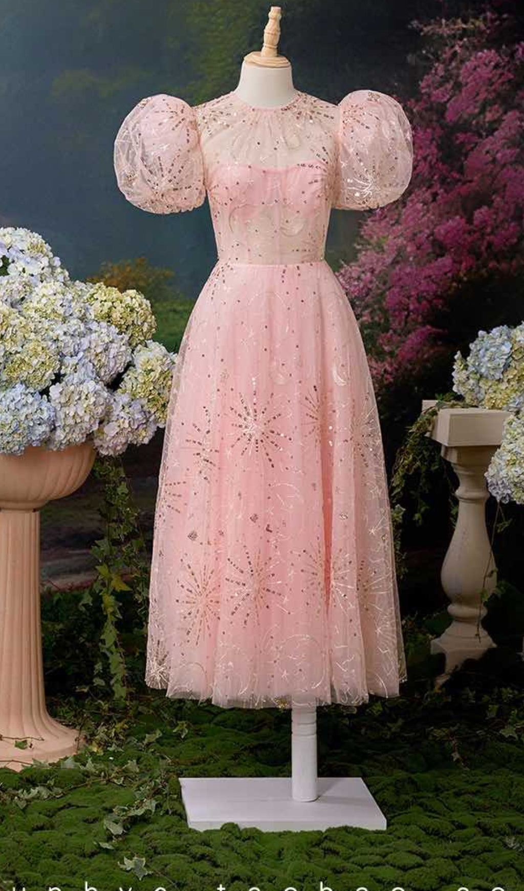 PUFF SLEEVE SEQUIN PINK MAXI DRESS